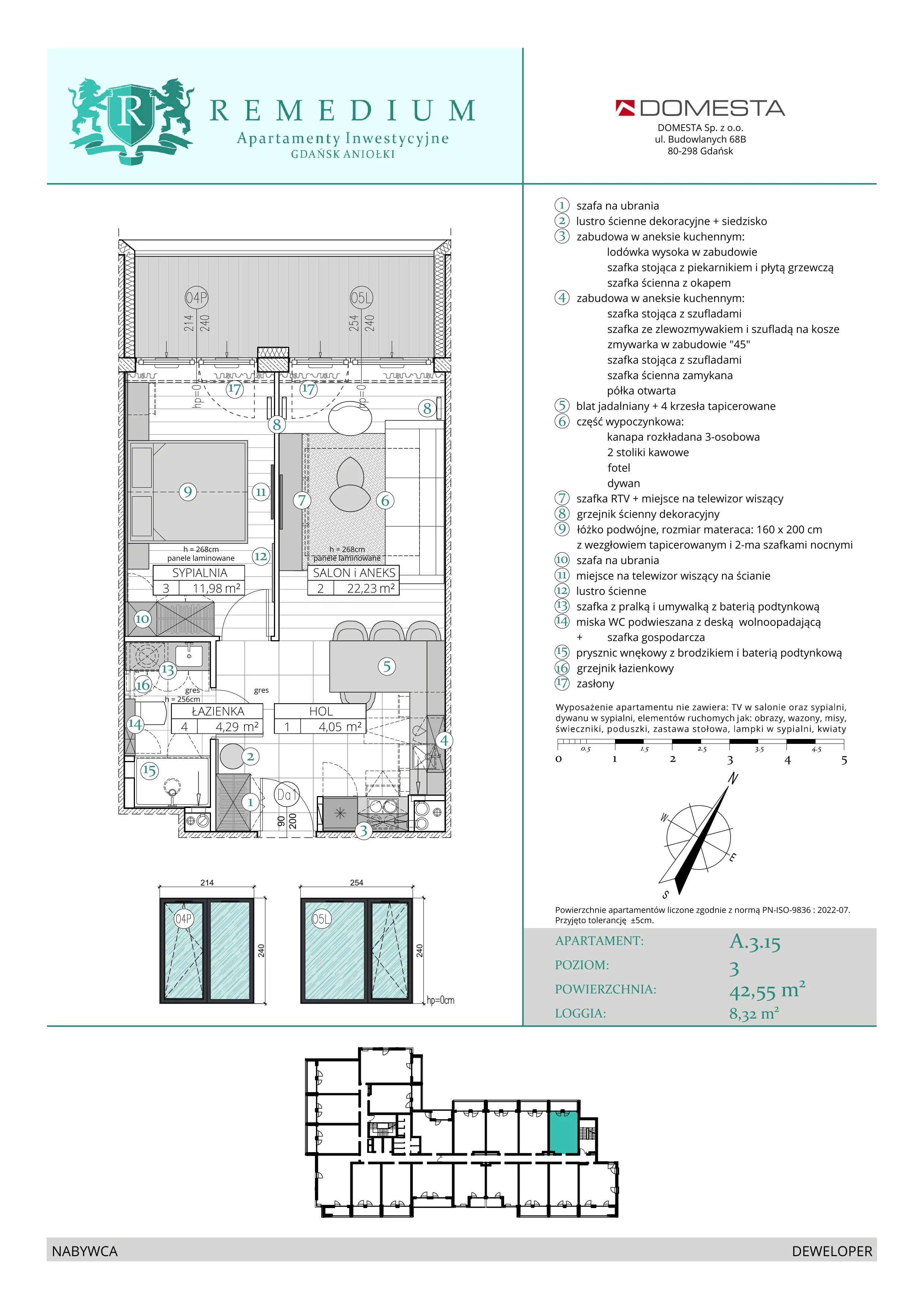 2 pokoje, apartament 42,55 m², piętro 2, oferta nr A.3.15, Apartamenty Remedium, Gdańsk, Aniołki,  ul. Mariana Smoluchowskiego