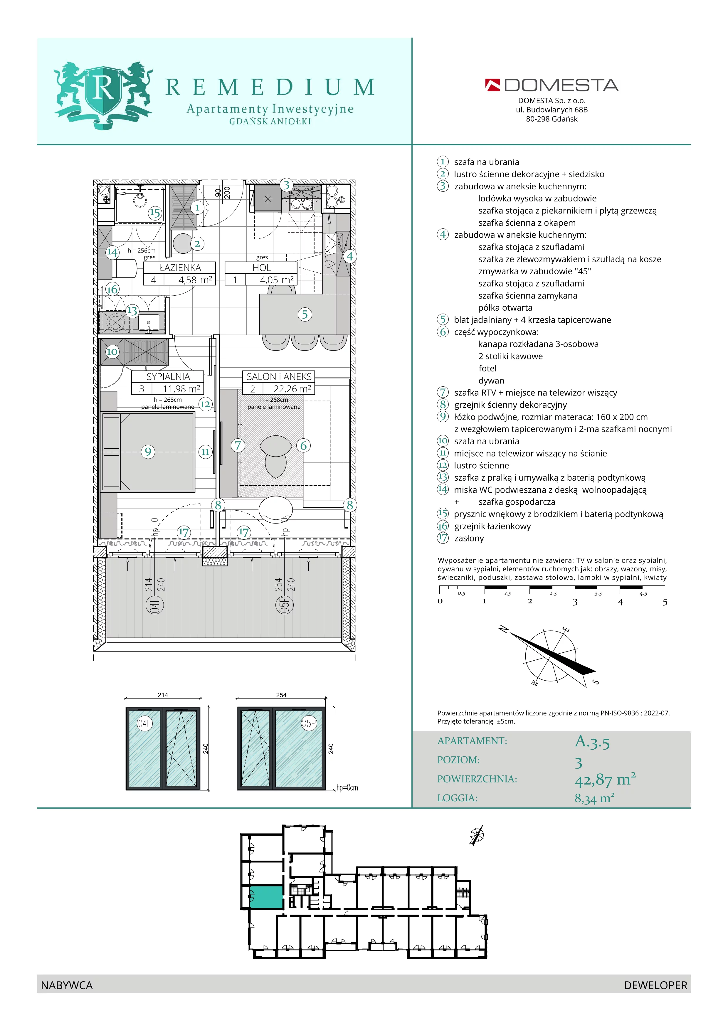 2 pokoje, apartament 42,87 m², piętro 2, oferta nr A.3.5, Apartamenty Remedium, Gdańsk, Aniołki,  ul. Mariana Smoluchowskiego