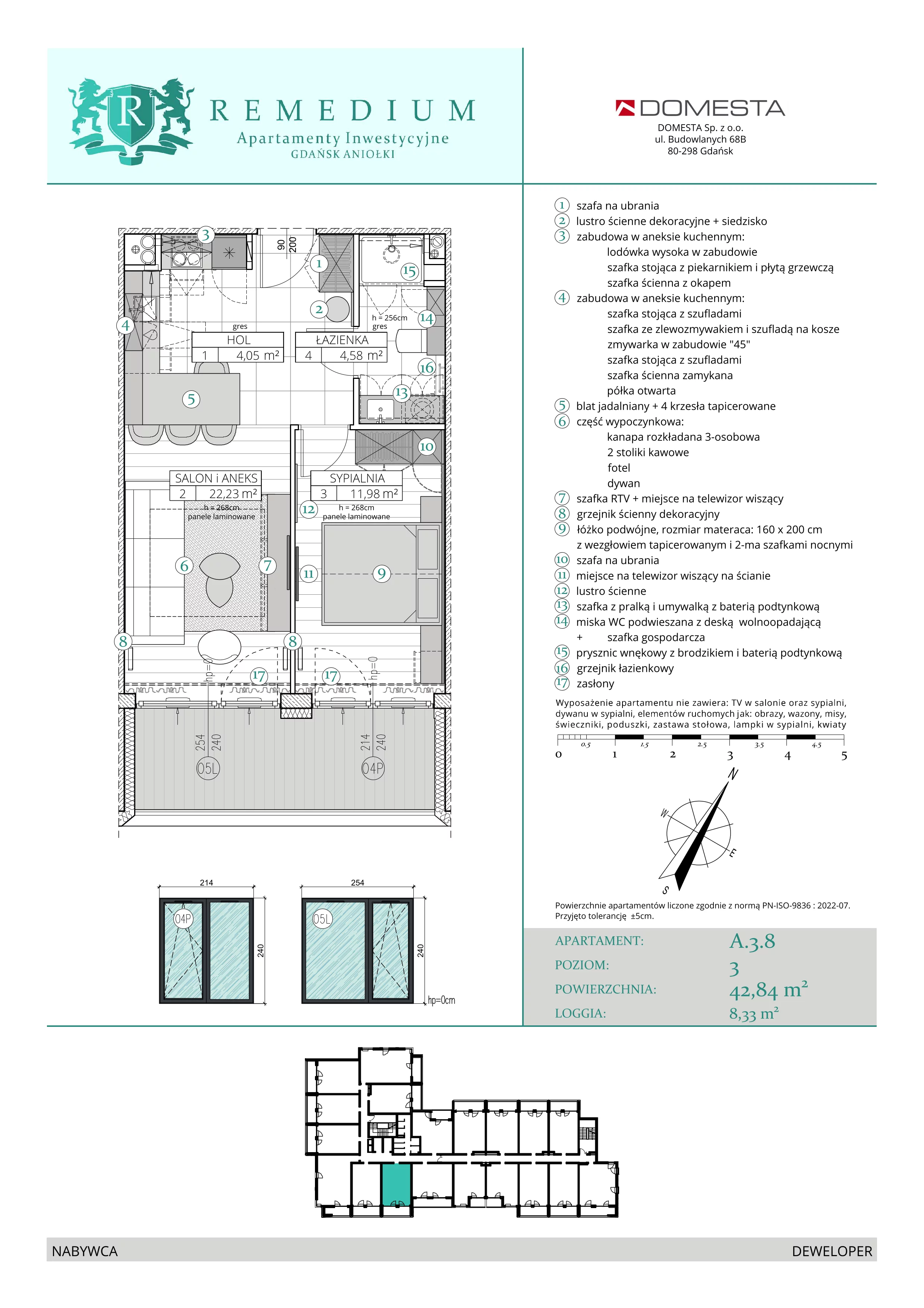 2 pokoje, apartament 42,84 m², piętro 2, oferta nr A.3.8, Apartamenty Remedium, Gdańsk, Aniołki,  ul. Mariana Smoluchowskiego