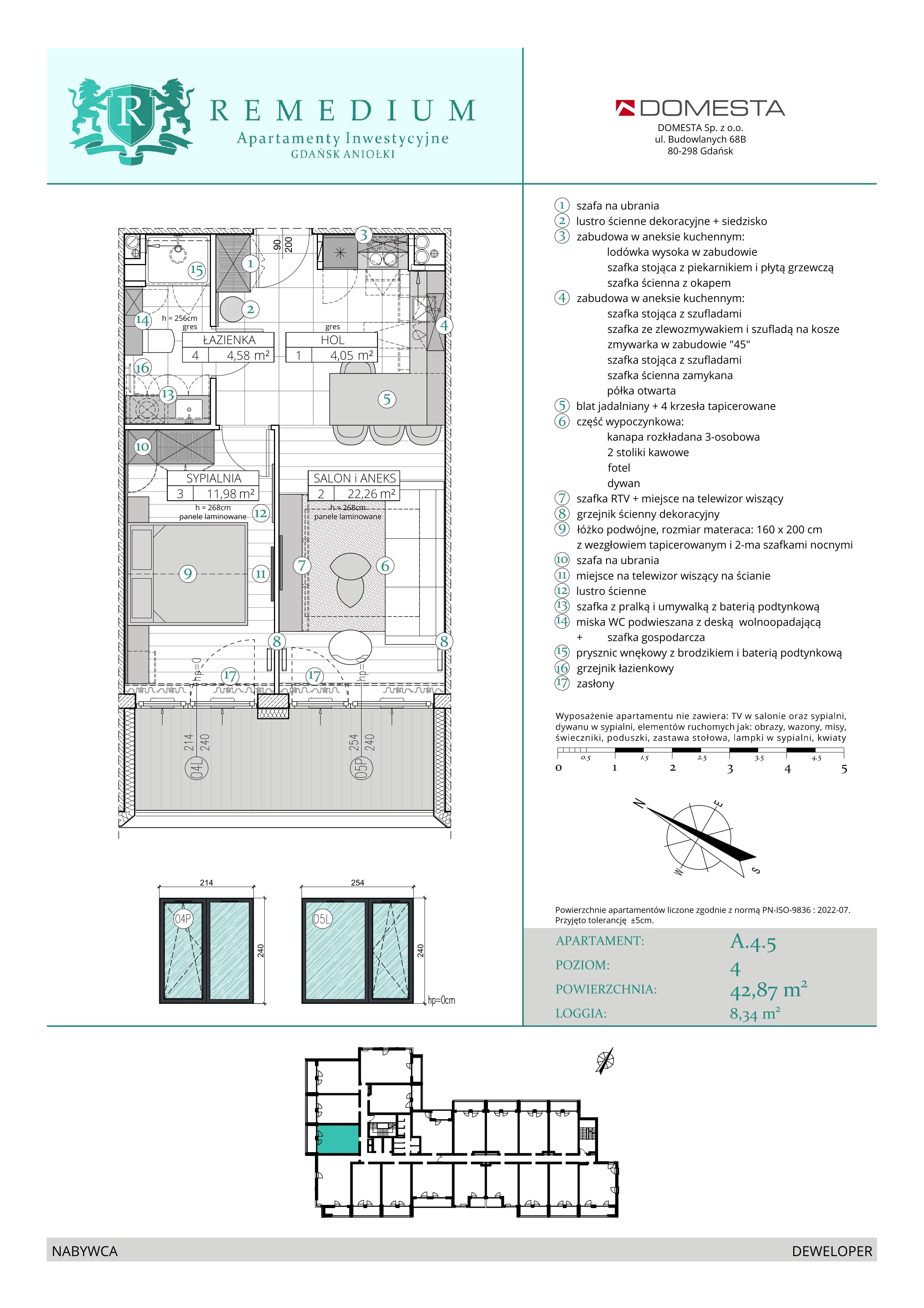 2 pokoje, apartament 42,87 m², piętro 3, oferta nr A.4.5, Apartamenty Remedium, Gdańsk, Aniołki,  ul. Mariana Smoluchowskiego