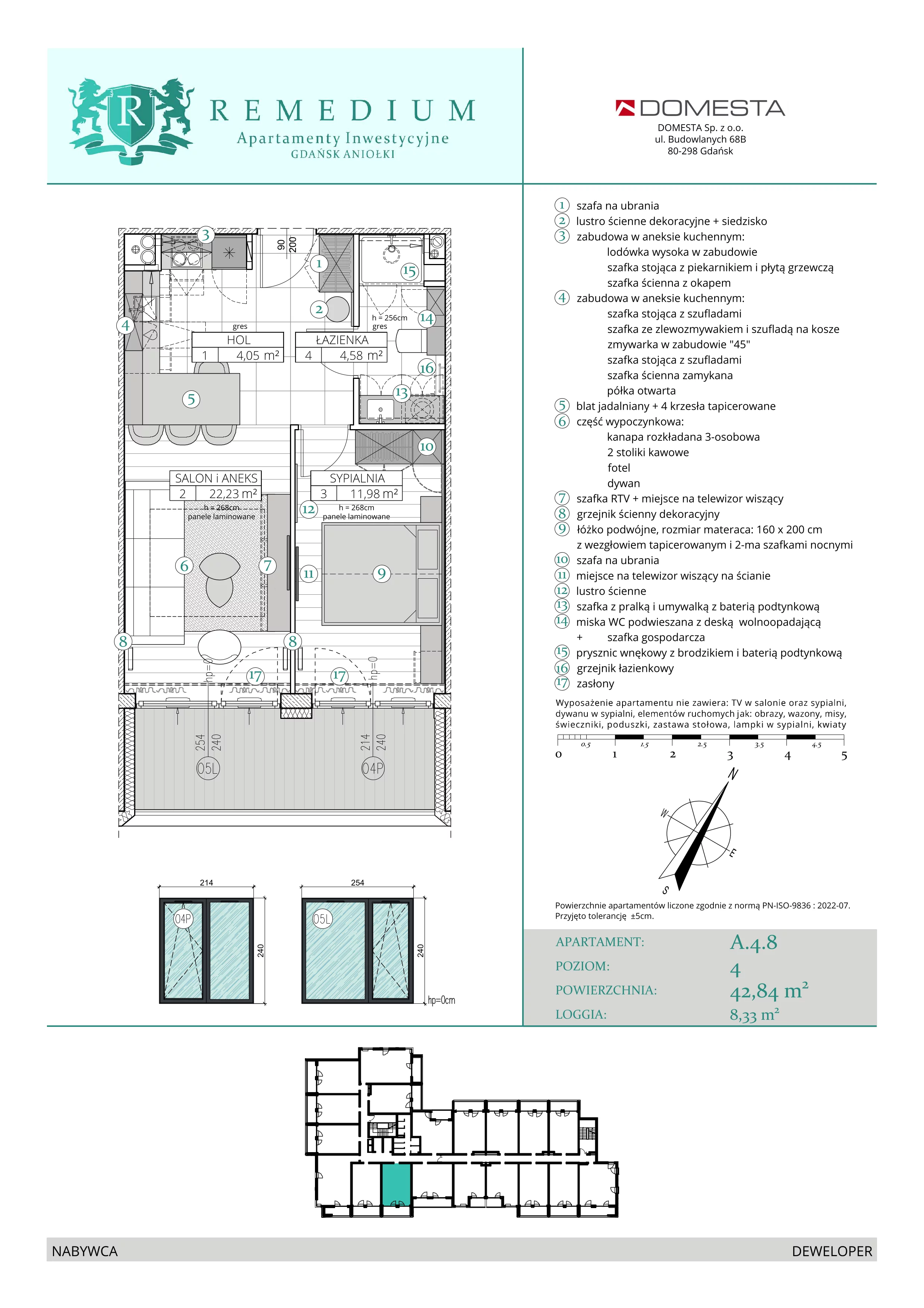 2 pokoje, apartament 42,84 m², piętro 3, oferta nr A.4.8, Apartamenty Remedium, Gdańsk, Aniołki,  ul. Mariana Smoluchowskiego