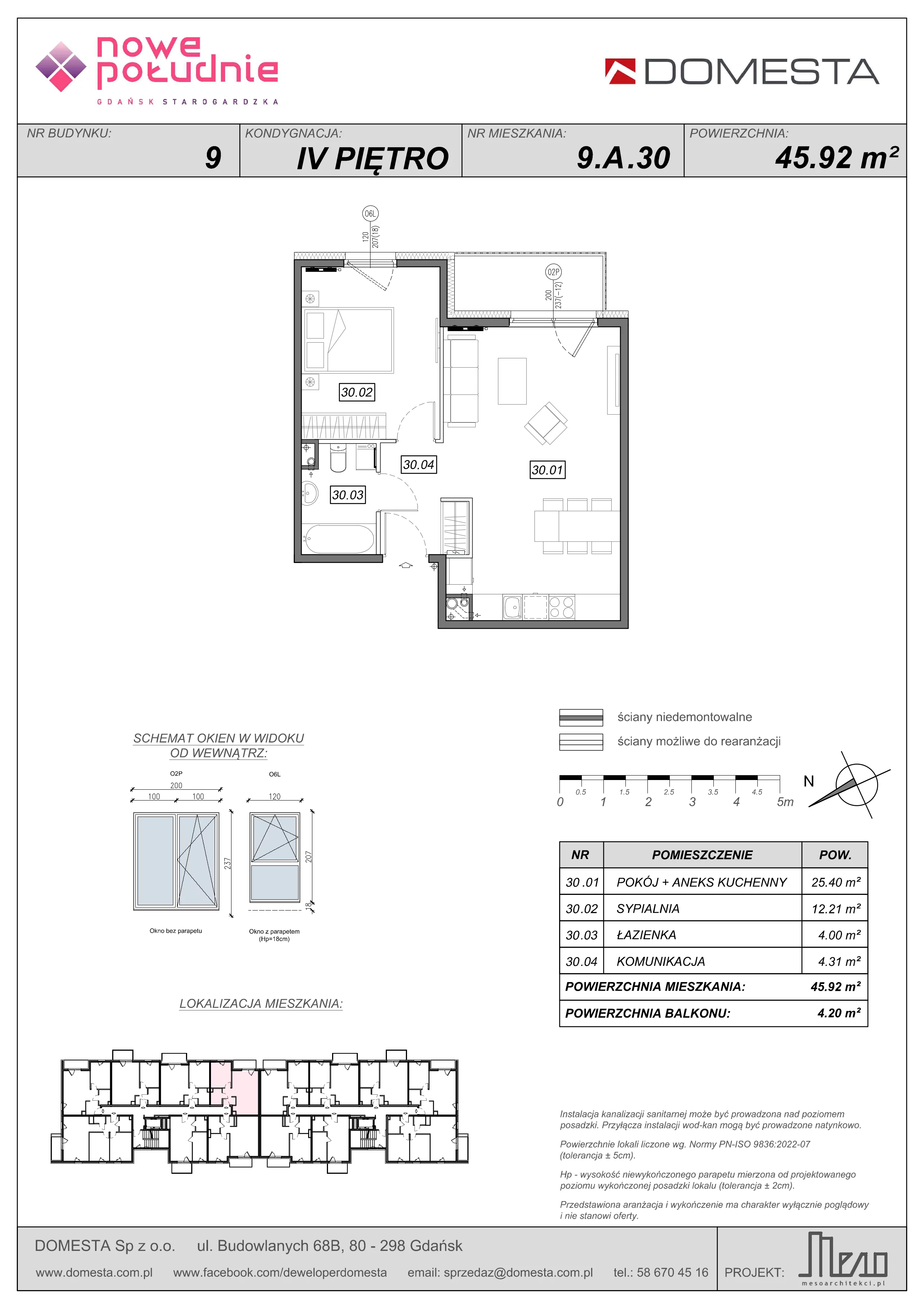 2 pokoje, mieszkanie 45,92 m², piętro 4, oferta nr 9.A.30, Nowe Południe - budynek 9 , Gdańsk, Orunia Górna-Gdańsk Południe, Maćkowy, ul. Starogrodzka / Borkowska