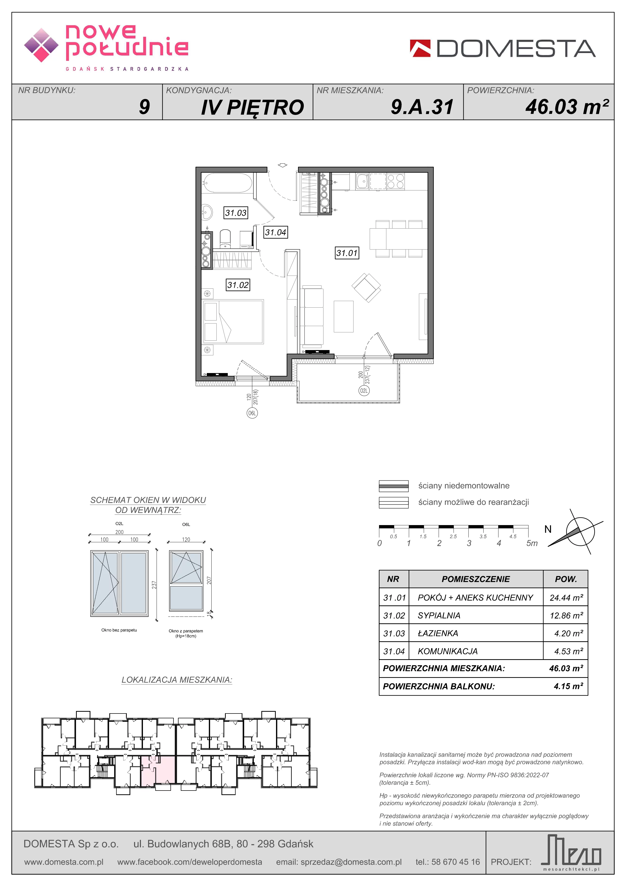 2 pokoje, mieszkanie 46,03 m², piętro 4, oferta nr 9.A.31, Nowe Południe - budynek 9 , Gdańsk, Orunia Górna-Gdańsk Południe, Maćkowy, ul. Starogrodzka / Borkowska