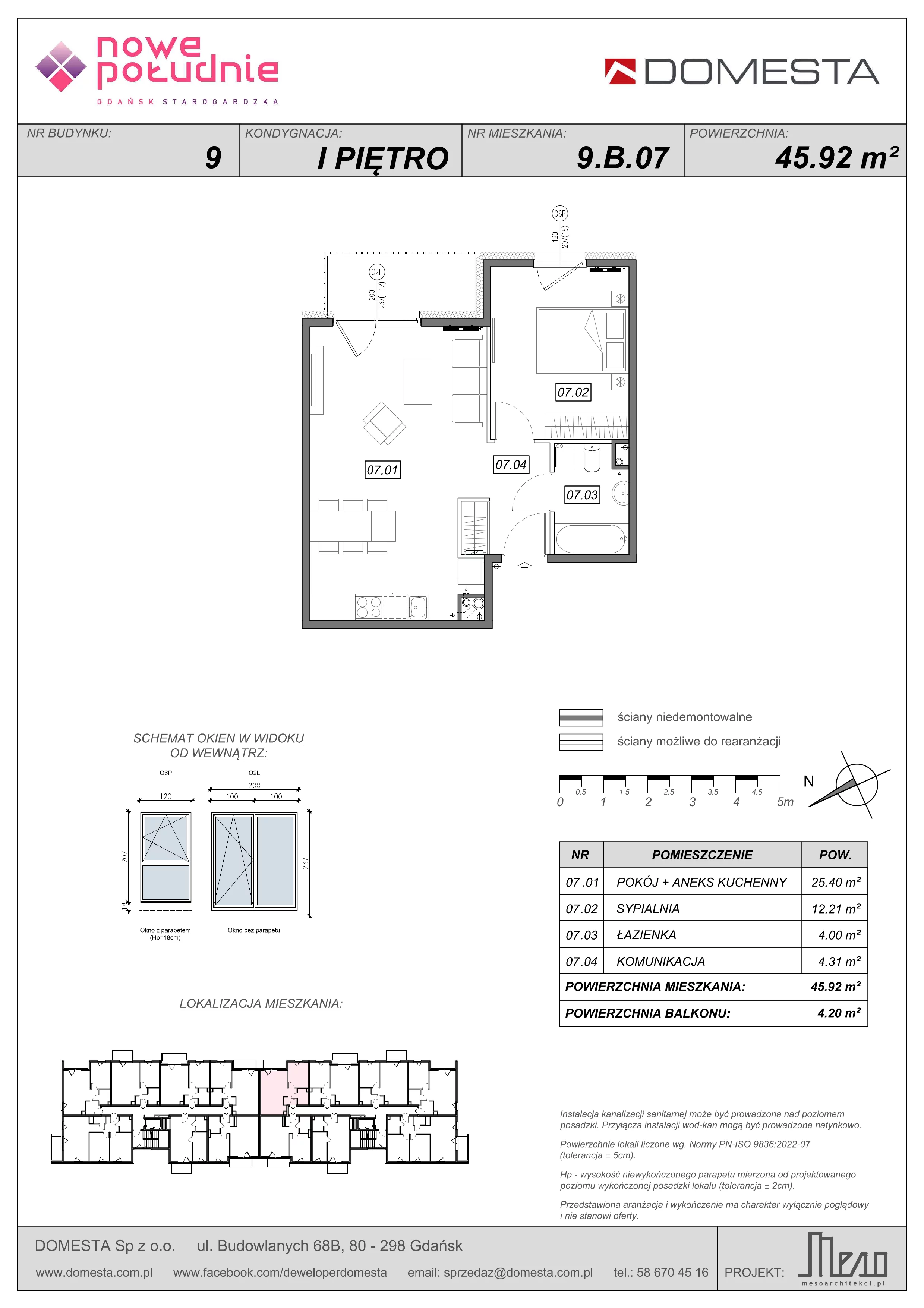 2 pokoje, mieszkanie 45,92 m², piętro 1, oferta nr 9.B.07, Nowe Południe - budynek 9 , Gdańsk, Orunia Górna-Gdańsk Południe, Maćkowy, ul. Starogrodzka / Borkowska
