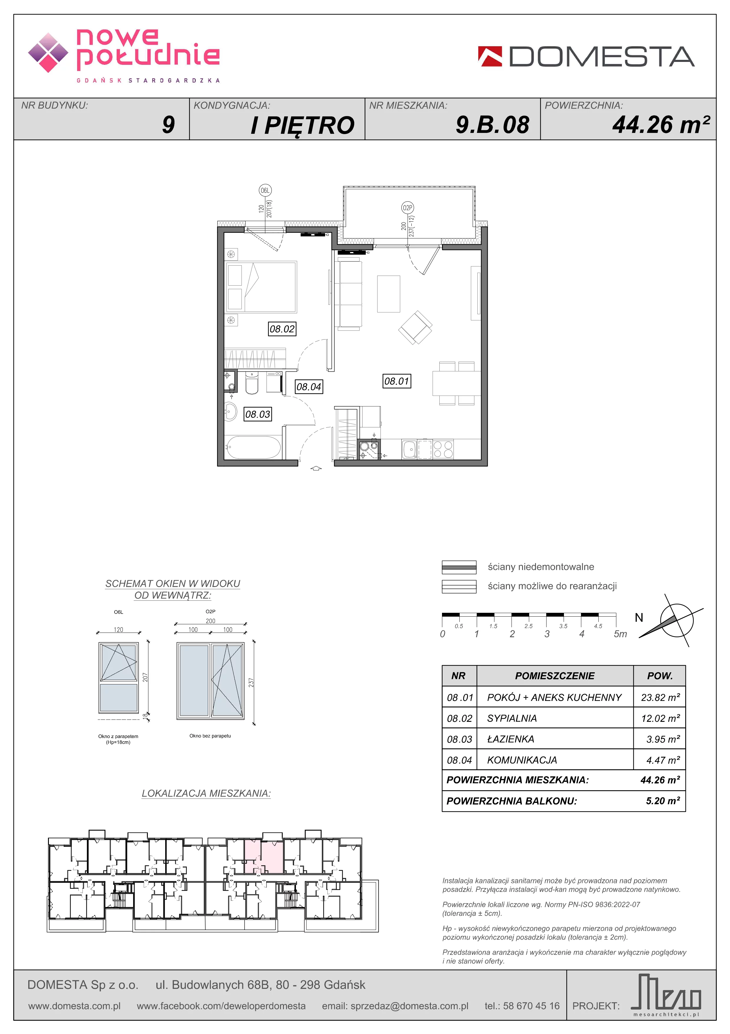 2 pokoje, mieszkanie 44,26 m², piętro 1, oferta nr 9.B.08, Nowe Południe - budynek 9 , Gdańsk, Orunia Górna-Gdańsk Południe, Maćkowy, ul. Starogrodzka / Borkowska