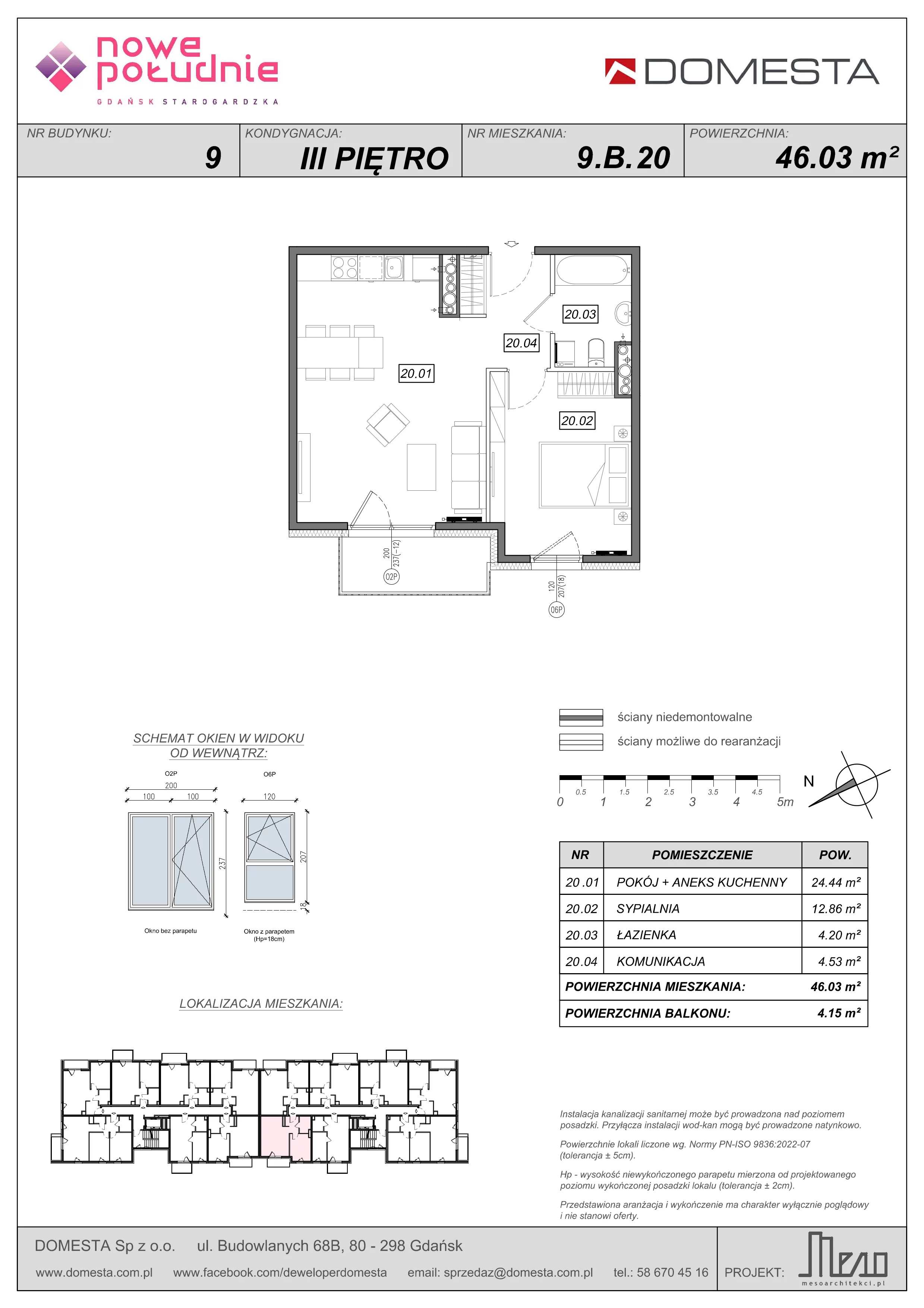2 pokoje, mieszkanie 46,03 m², piętro 3, oferta nr 9.B.20, Nowe Południe - budynek 9 , Gdańsk, Orunia Górna-Gdańsk Południe, Maćkowy, ul. Starogrodzka / Borkowska