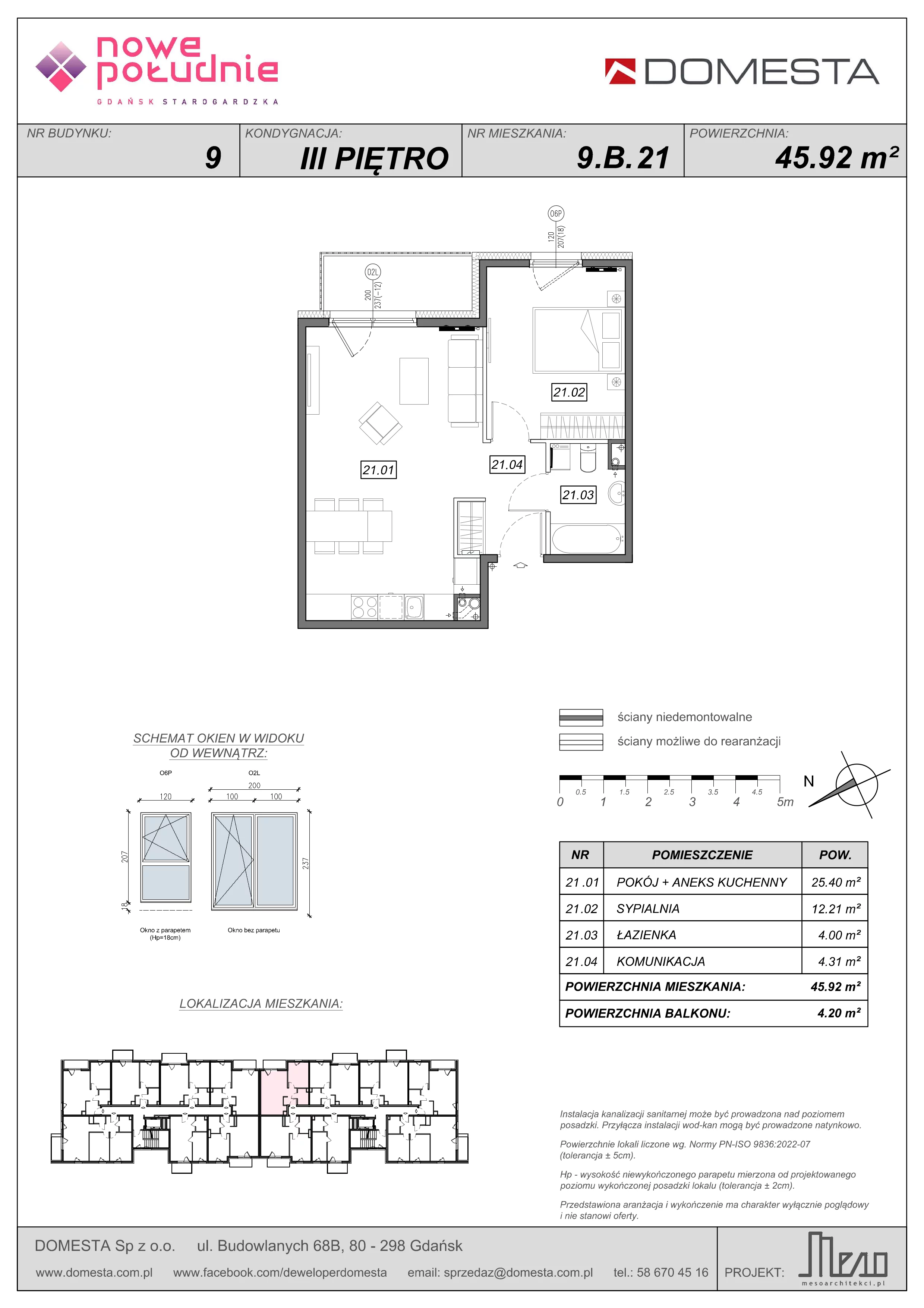 2 pokoje, mieszkanie 45,92 m², piętro 3, oferta nr 9.B.21, Nowe Południe - budynek 9 , Gdańsk, Orunia Górna-Gdańsk Południe, Maćkowy, ul. Starogrodzka / Borkowska
