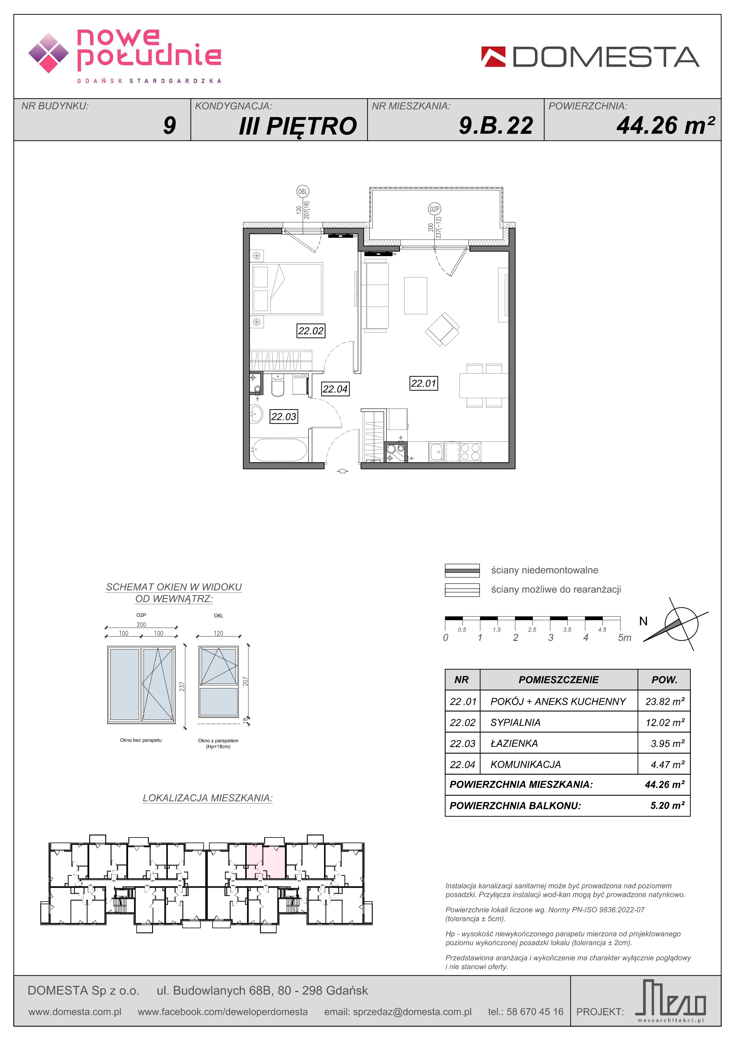 2 pokoje, mieszkanie 44,26 m², piętro 3, oferta nr 9.B.22, Nowe Południe - budynek 9 , Gdańsk, Orunia Górna-Gdańsk Południe, Maćkowy, ul. Starogrodzka / Borkowska
