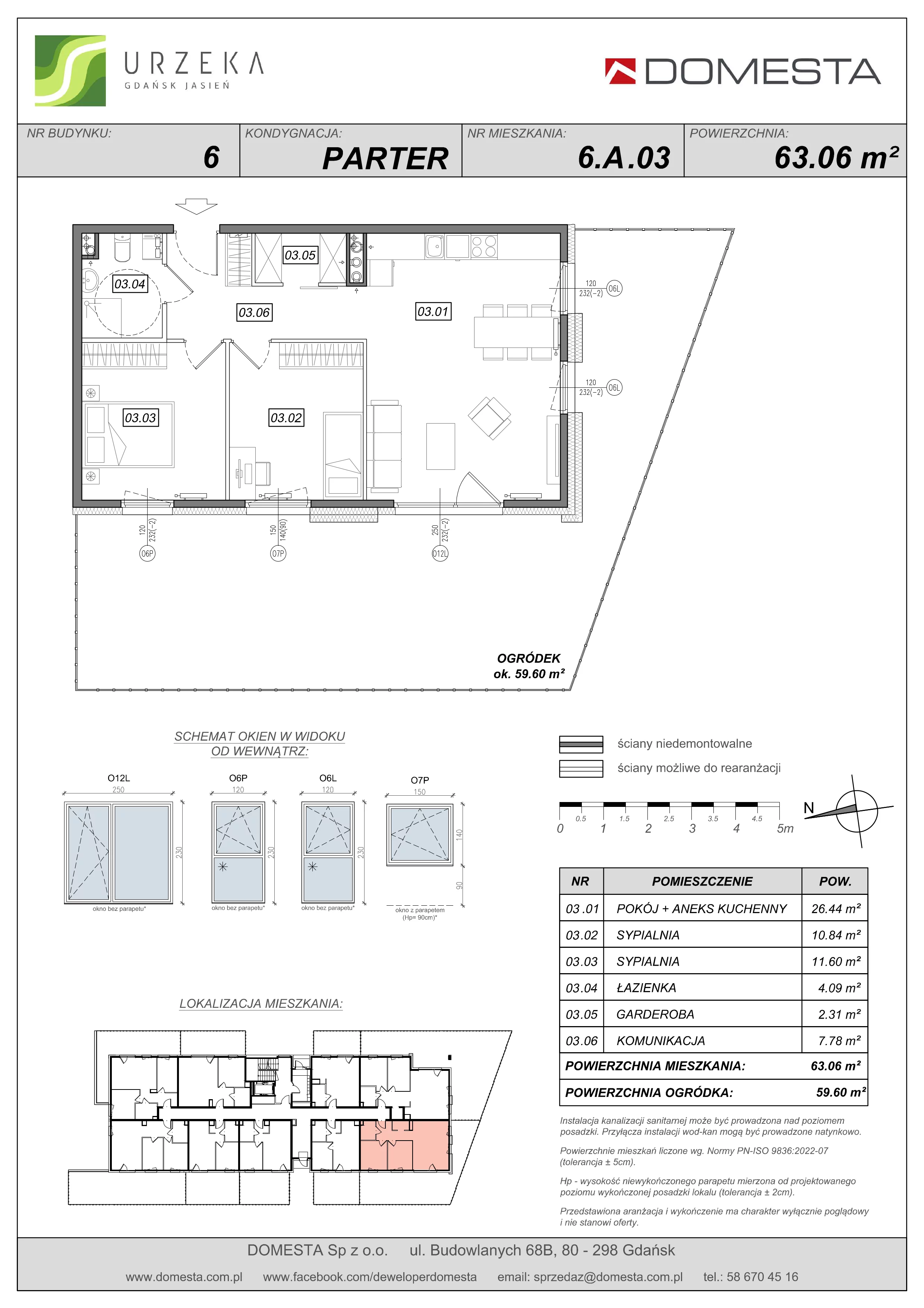 3 pokoje, mieszkanie 63,06 m², parter, oferta nr 6.A.03, Urzeka - budynek 6 , Gdańsk, Jasień, ul. Guderskiego / Czermińskiego