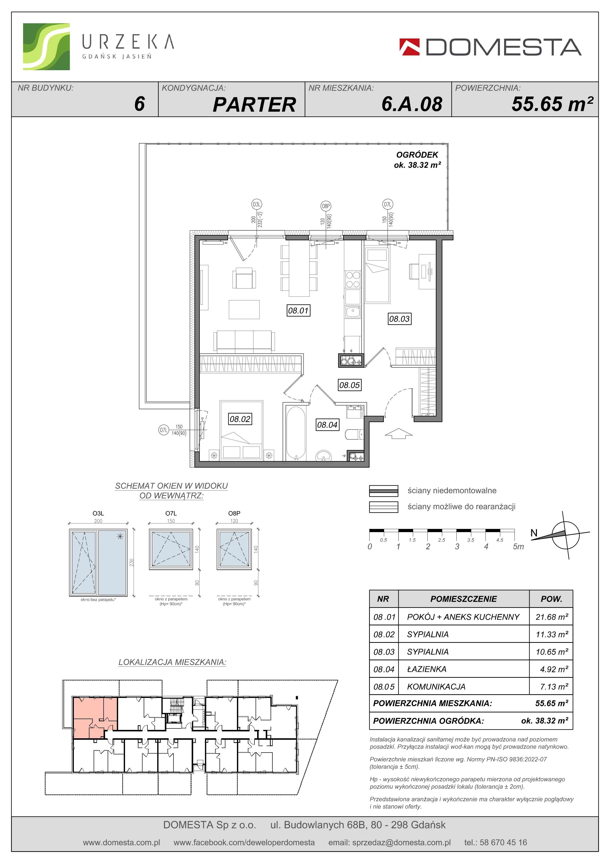 3 pokoje, mieszkanie 55,65 m², parter, oferta nr 6.A.08, Urzeka - budynek 6 , Gdańsk, Jasień, ul. Guderskiego / Czermińskiego