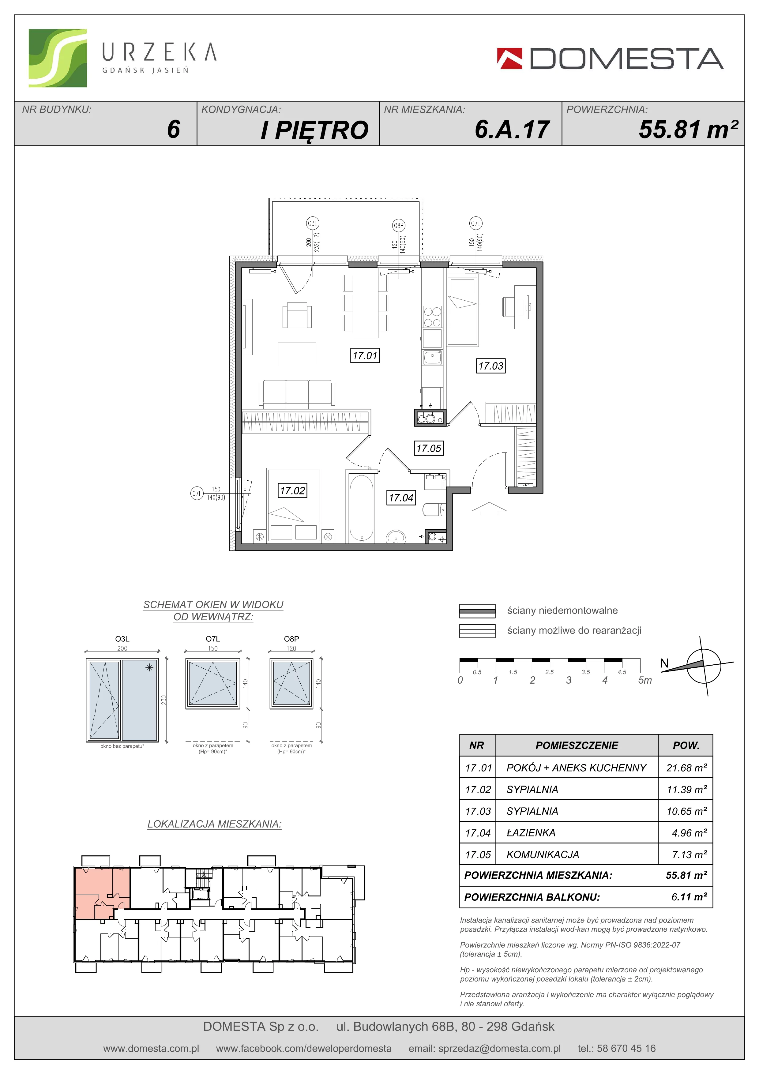 3 pokoje, mieszkanie 55,81 m², piętro 1, oferta nr 6.A.17, Urzeka - budynek 6 , Gdańsk, Jasień, ul. Guderskiego / Czermińskiego