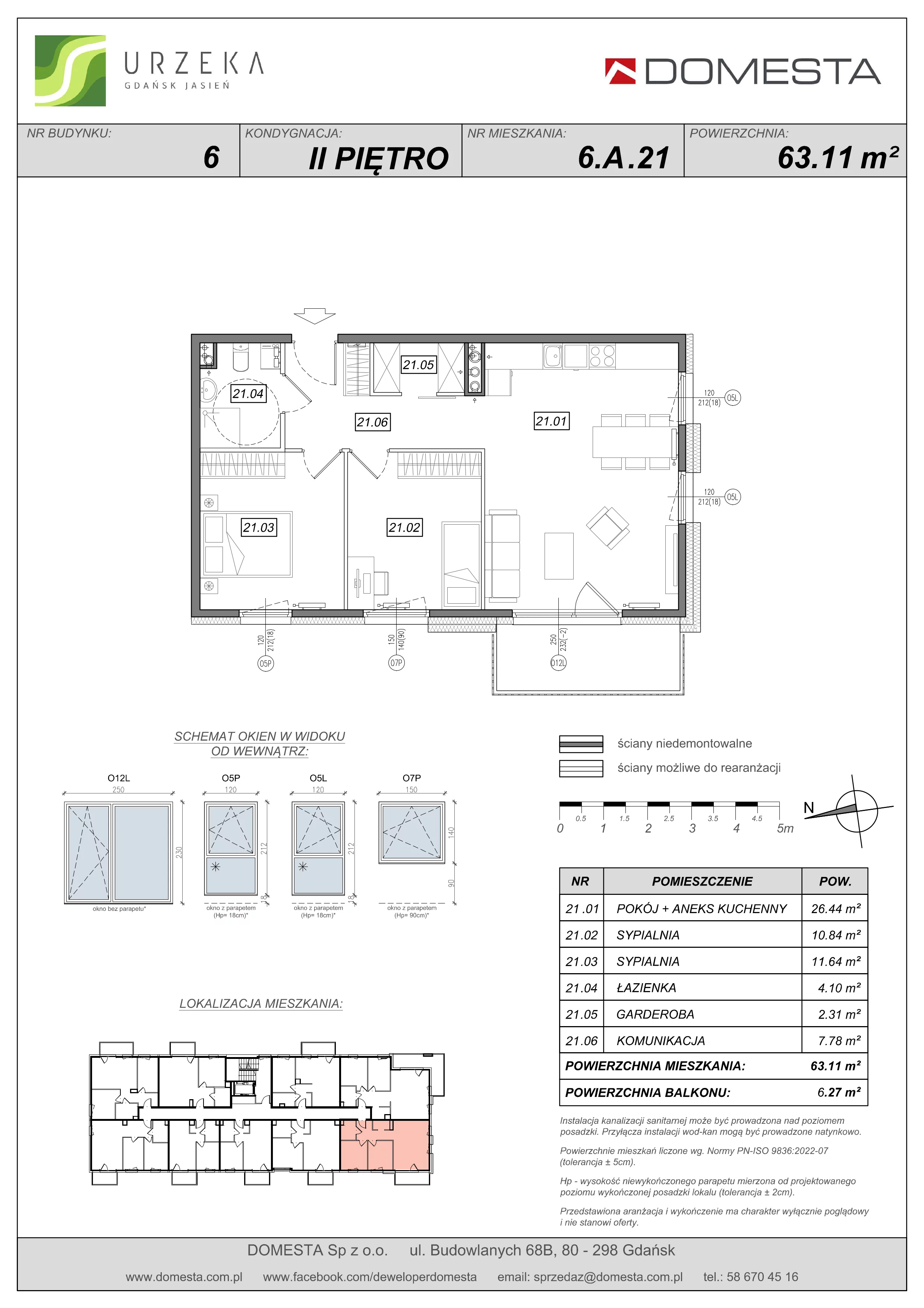 3 pokoje, mieszkanie 63,11 m², piętro 2, oferta nr 6.A.21, Urzeka - budynek 6 , Gdańsk, Jasień, ul. Guderskiego / Czermińskiego