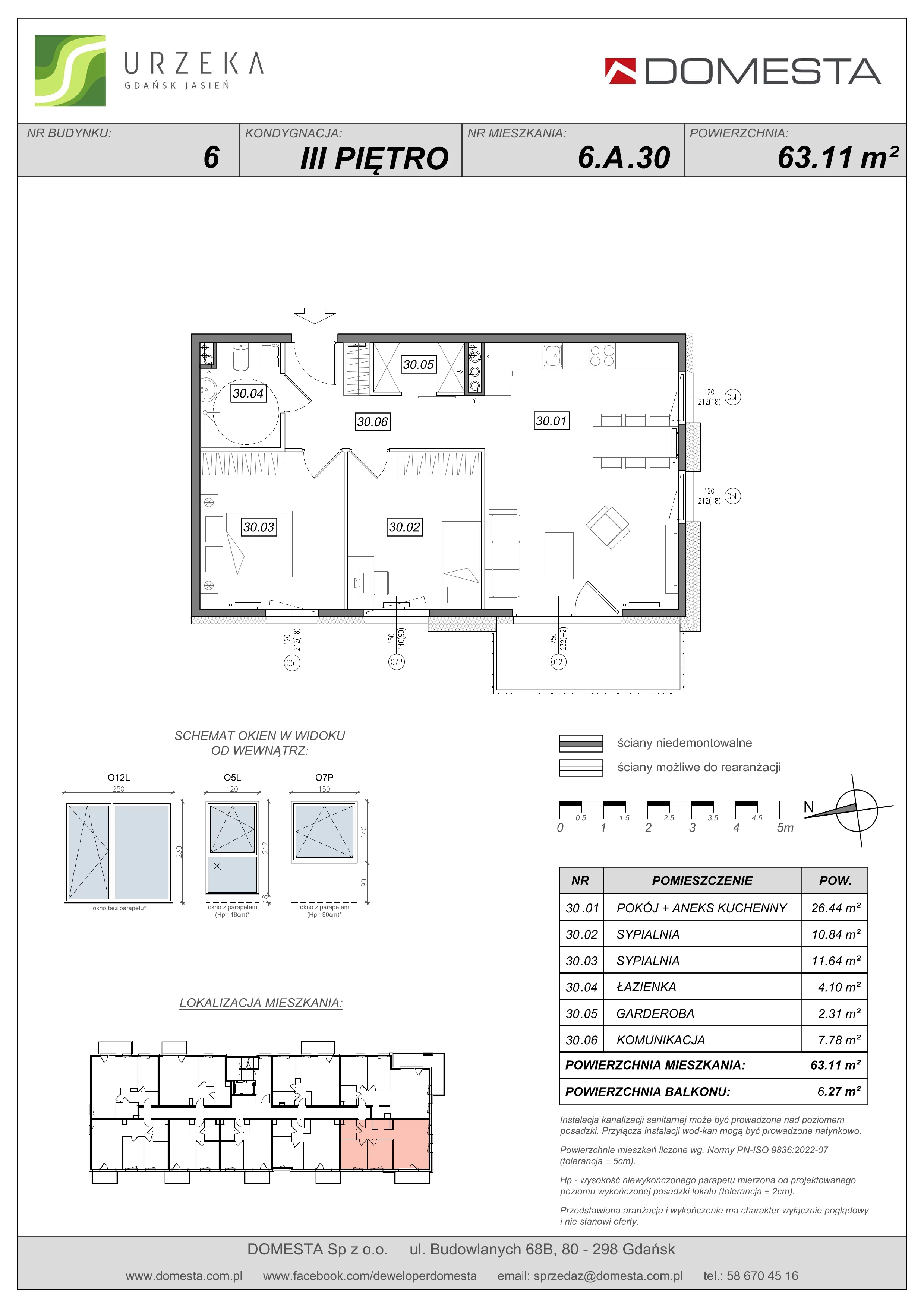 3 pokoje, mieszkanie 63,11 m², piętro 3, oferta nr 6.A.30, Urzeka - budynek 6 , Gdańsk, Jasień, ul. Guderskiego / Czermińskiego