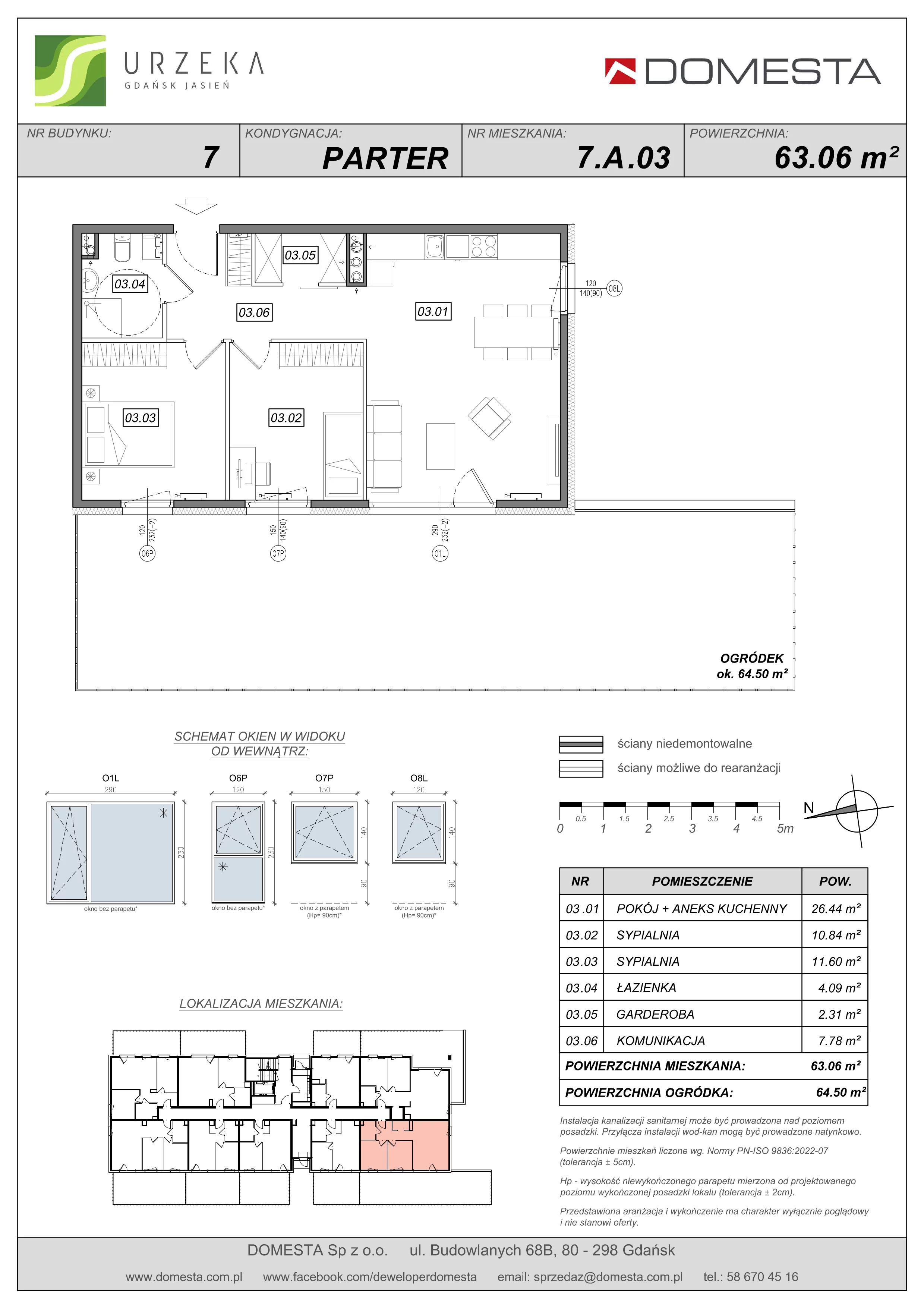 3 pokoje, mieszkanie 63,06 m², parter, oferta nr 7.A.03, Urzeka - budynek 7, Gdańsk, Jasień, ul. Guderskiego / Czermińskiego