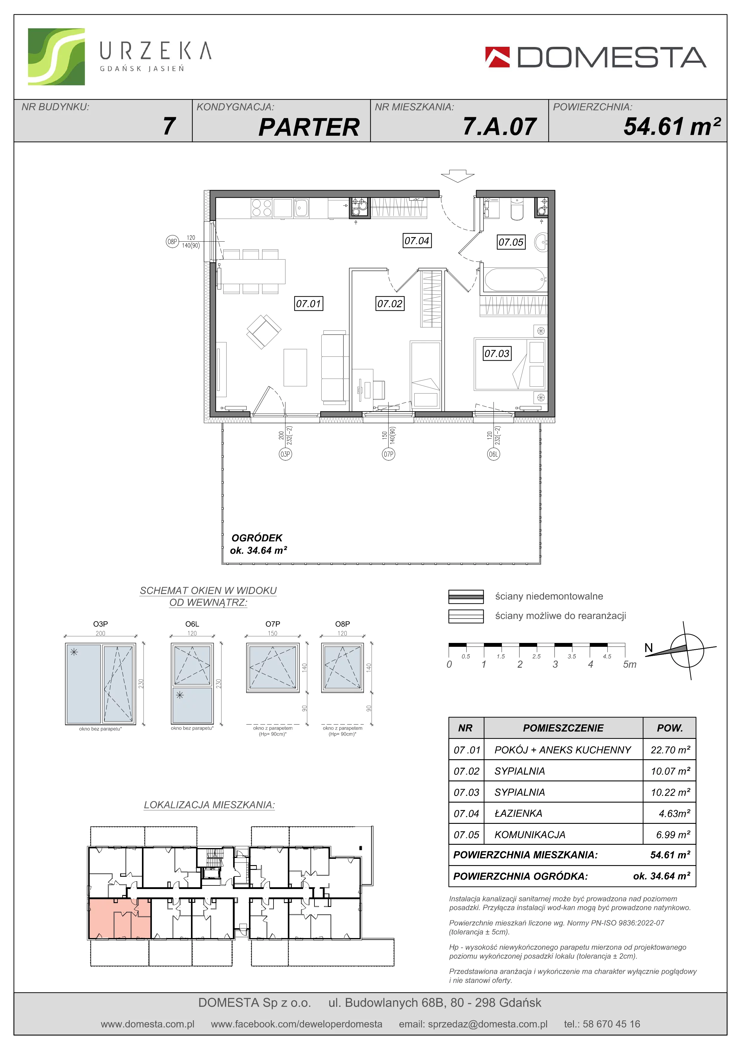 3 pokoje, mieszkanie 54,61 m², parter, oferta nr 7.A.07, Urzeka - budynek 7, Gdańsk, Jasień, ul. Guderskiego / Czermińskiego