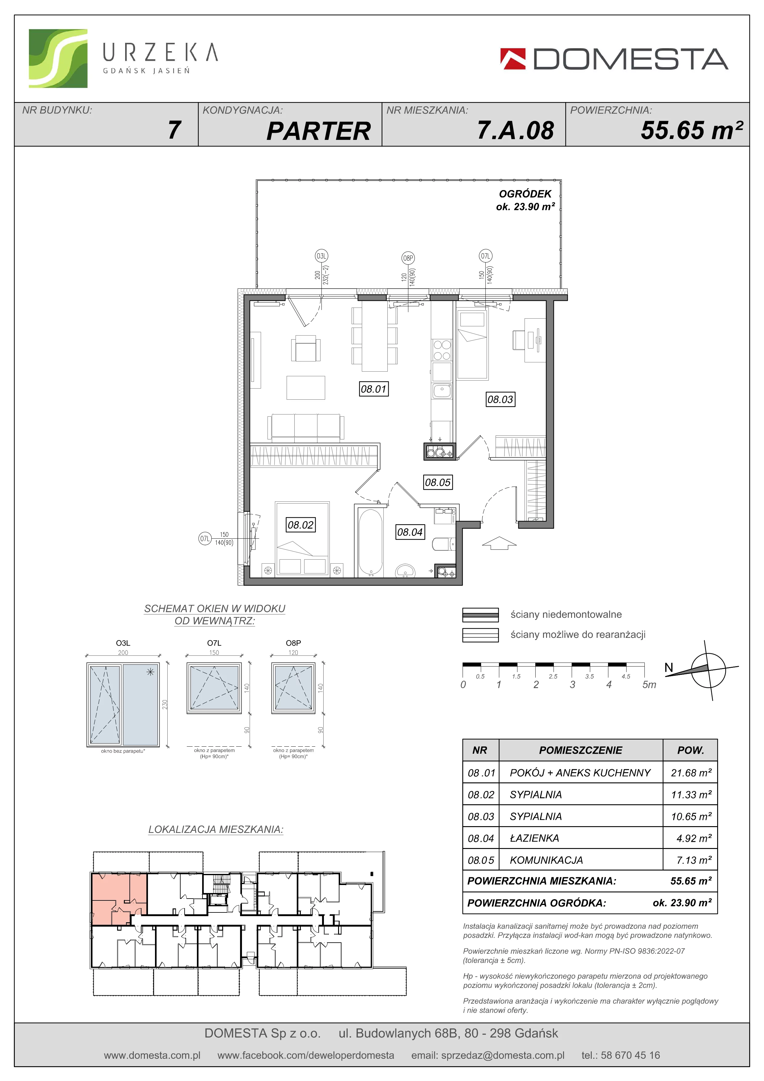 3 pokoje, mieszkanie 55,65 m², parter, oferta nr 7.A.08, Urzeka - budynek 7, Gdańsk, Jasień, ul. Guderskiego / Czermińskiego