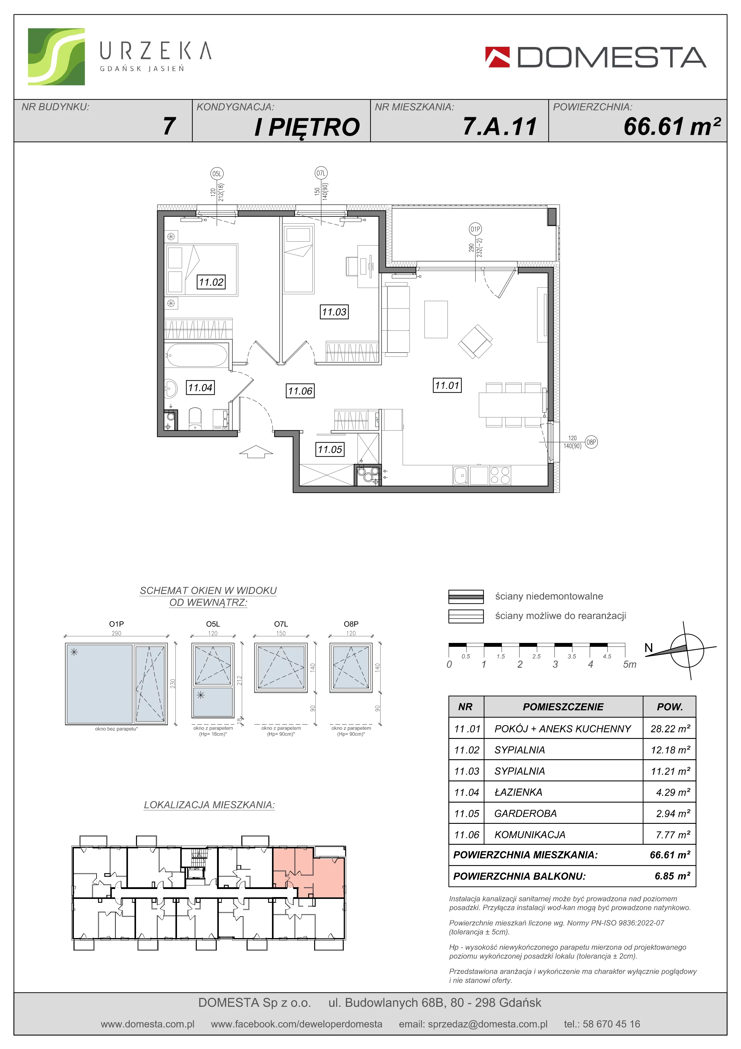 3 pokoje, mieszkanie 66,61 m², piętro 1, oferta nr 7.A.11, Urzeka - budynek 7, Gdańsk, Jasień, ul. Guderskiego / Czermińskiego