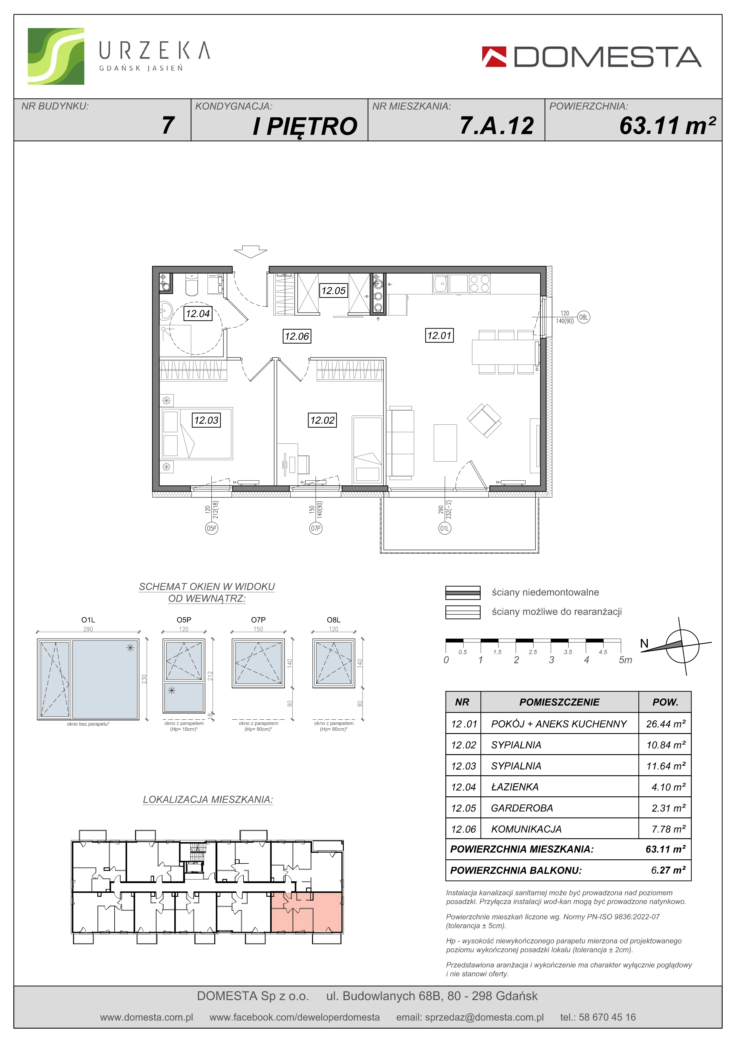 3 pokoje, mieszkanie 63,11 m², piętro 1, oferta nr 7.A.12, Urzeka - budynek 7, Gdańsk, Jasień, ul. Guderskiego / Czermińskiego