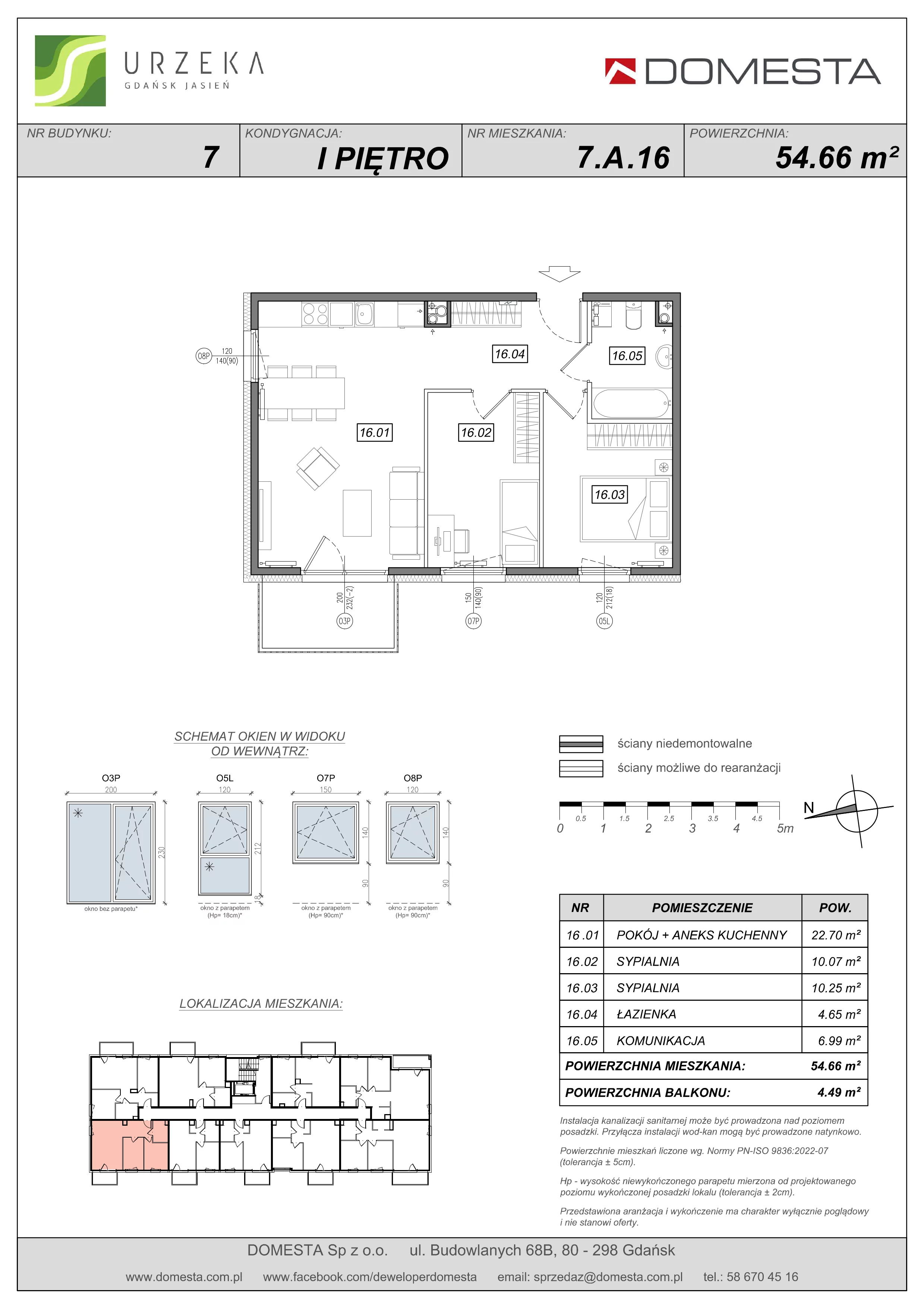 3 pokoje, mieszkanie 54,66 m², piętro 1, oferta nr 7.A.16, Urzeka - budynek 7, Gdańsk, Jasień, ul. Guderskiego / Czermińskiego
