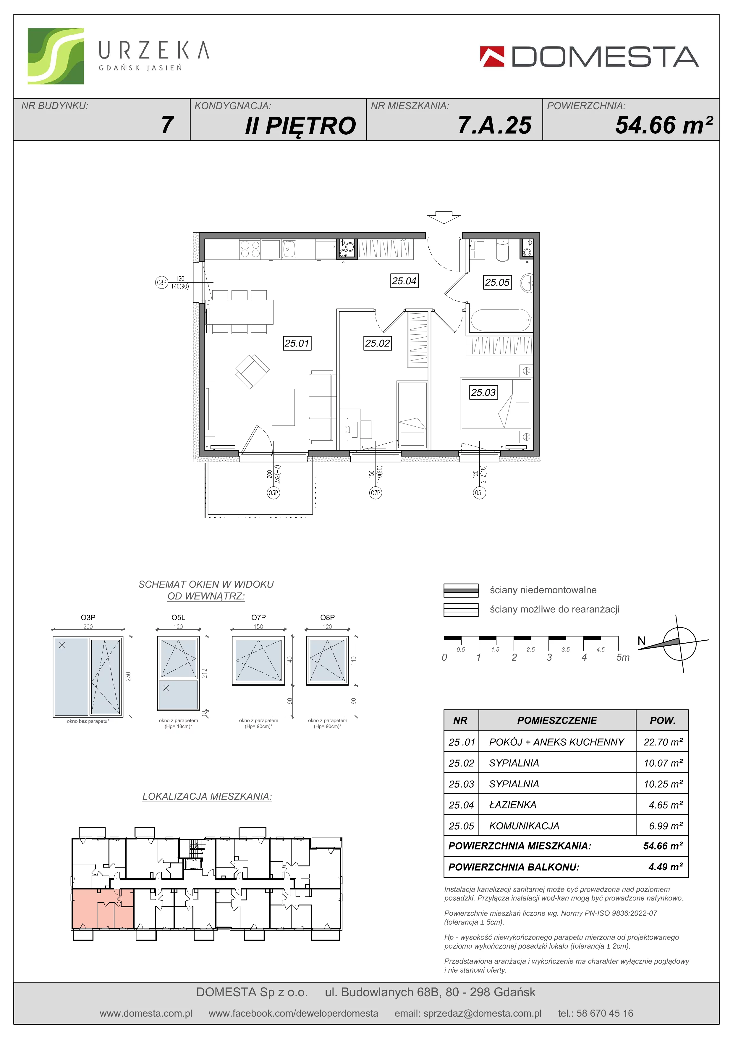 3 pokoje, mieszkanie 54,66 m², piętro 2, oferta nr 7.A.25, Urzeka - budynek 7, Gdańsk, Jasień, ul. Guderskiego / Czermińskiego