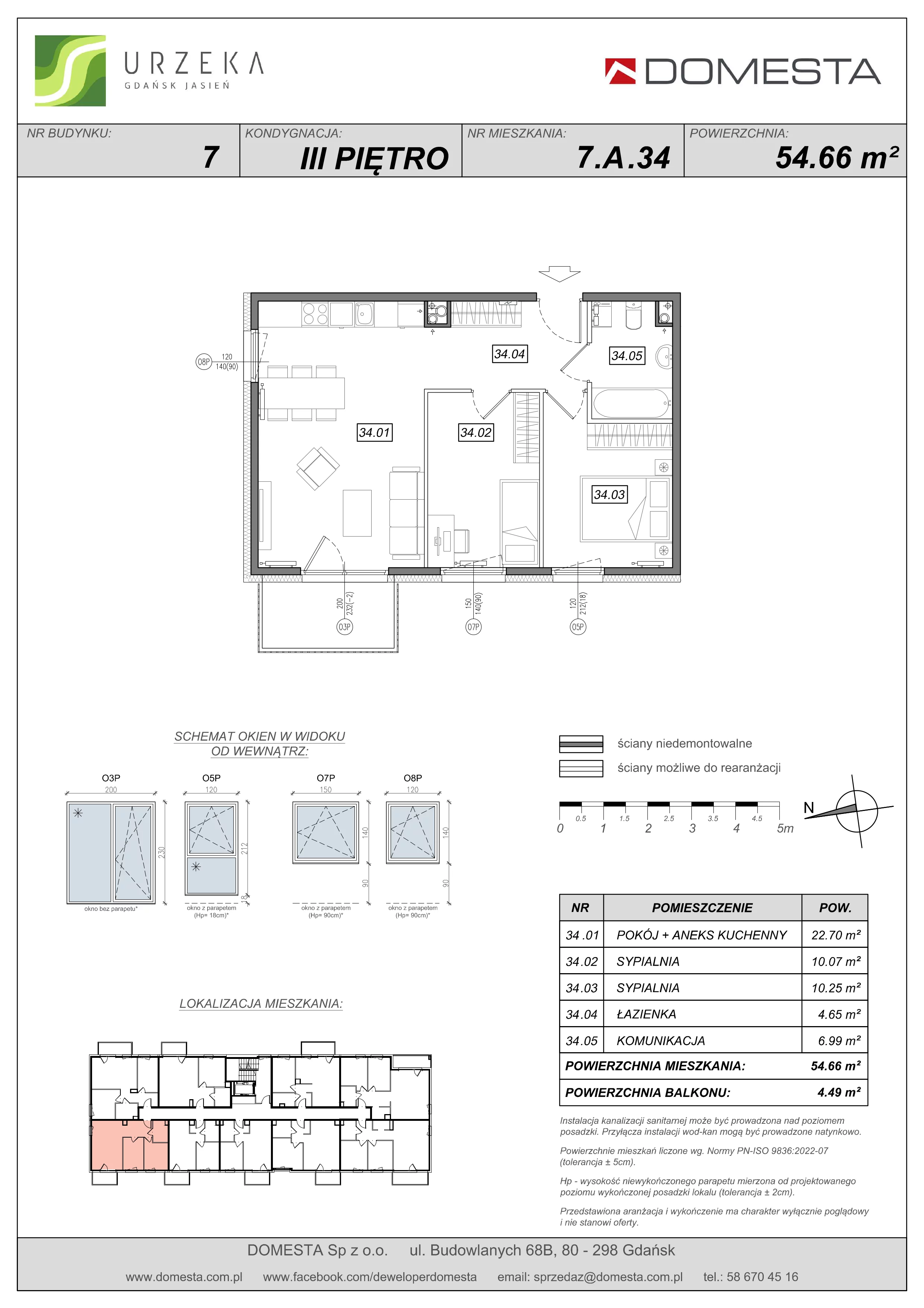 3 pokoje, mieszkanie 54,66 m², piętro 3, oferta nr 7.A.34, Urzeka - budynek 7, Gdańsk, Jasień, ul. Guderskiego / Czermińskiego