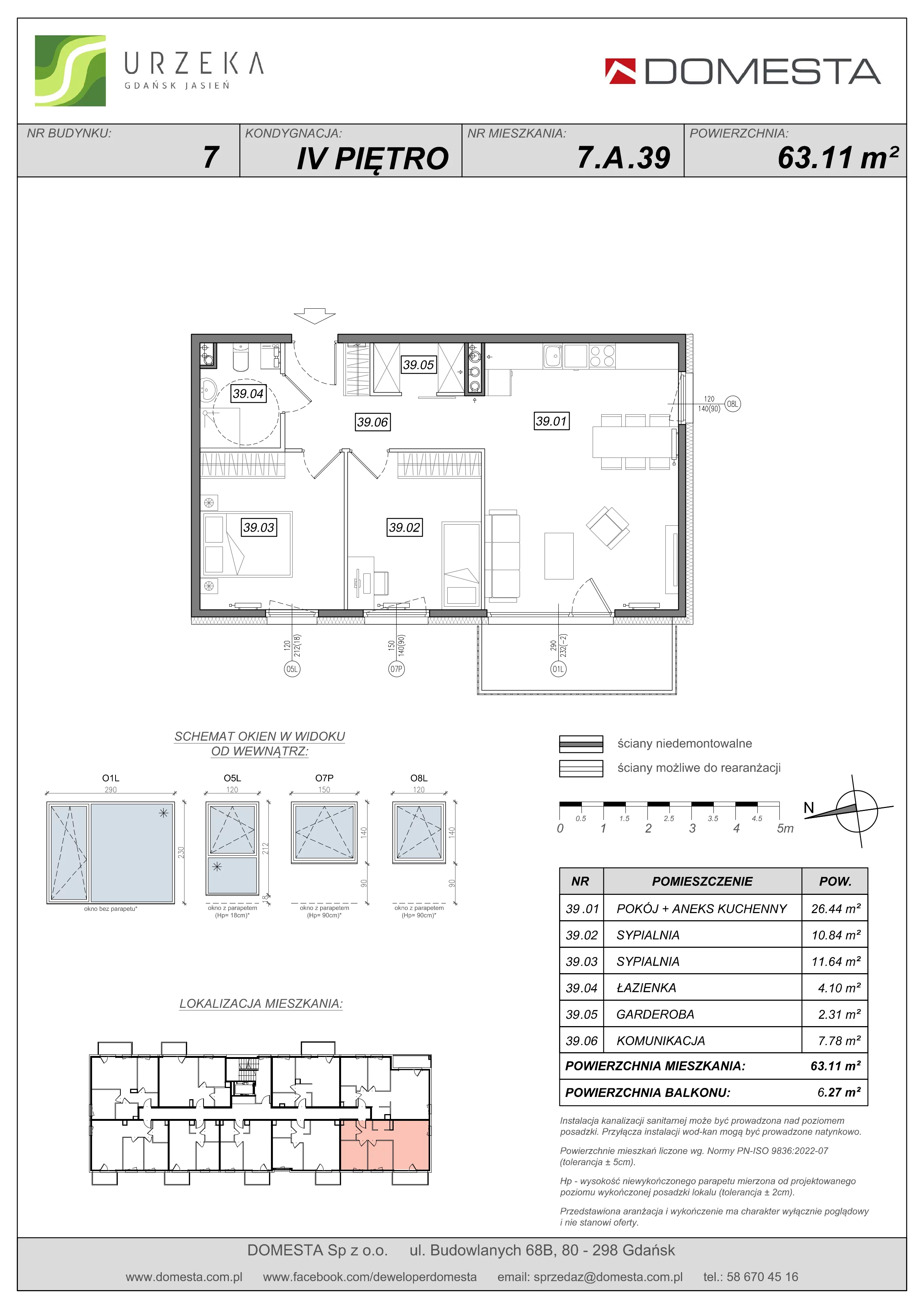 3 pokoje, mieszkanie 63,11 m², piętro 4, oferta nr 7.A.39, Urzeka - budynek 7, Gdańsk, Jasień, ul. Guderskiego / Czermińskiego