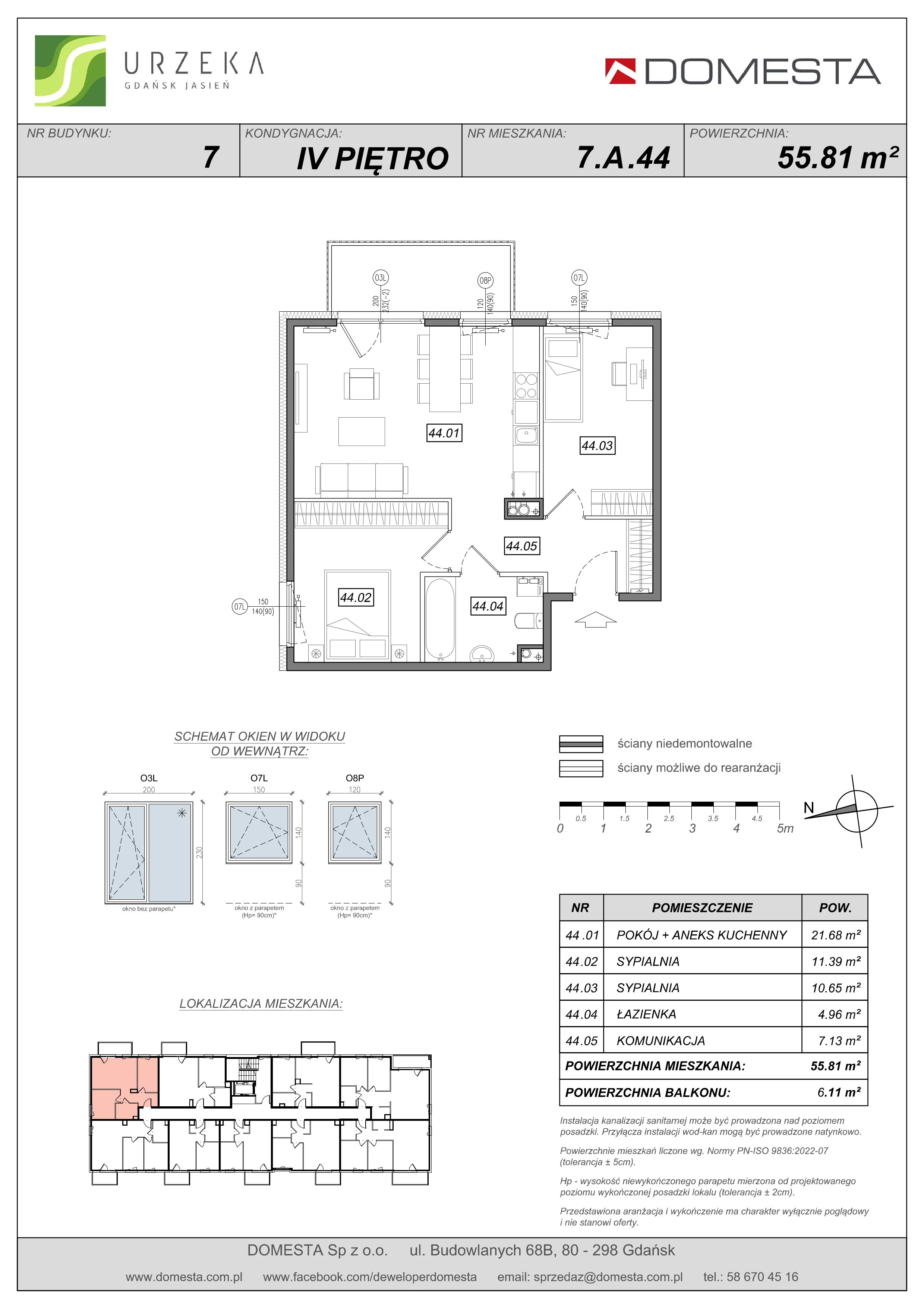 3 pokoje, mieszkanie 55,81 m², piętro 4, oferta nr 7.A.44, Urzeka - budynek 7, Gdańsk, Jasień, ul. Guderskiego / Czermińskiego
