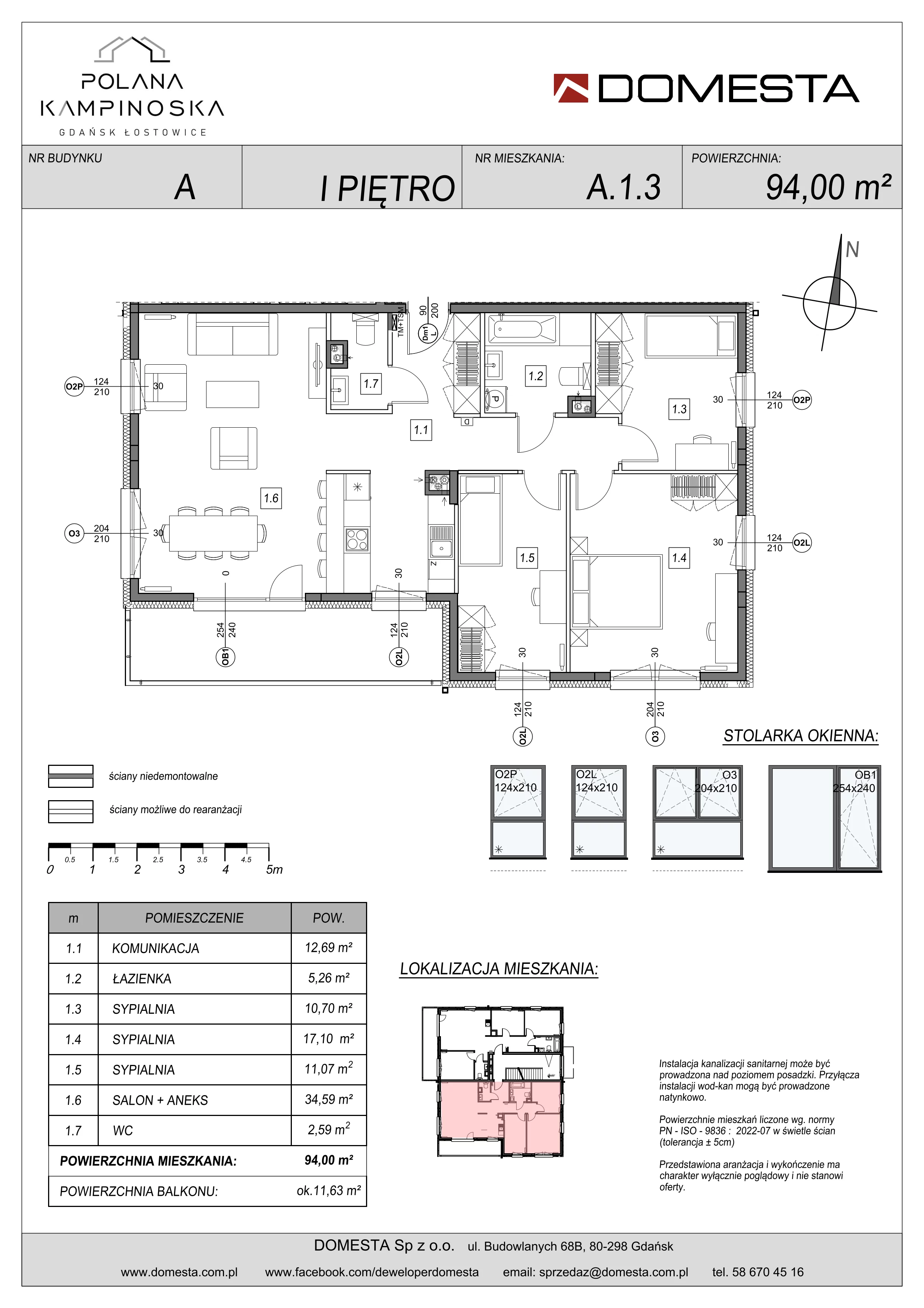 4 pokoje, mieszkanie 94,00 m², piętro 1, oferta nr A.1.3, Polana Kampinoska, Gdańsk, Ujeścisko-Łostowice, Łostowice, ul. Kampinoska