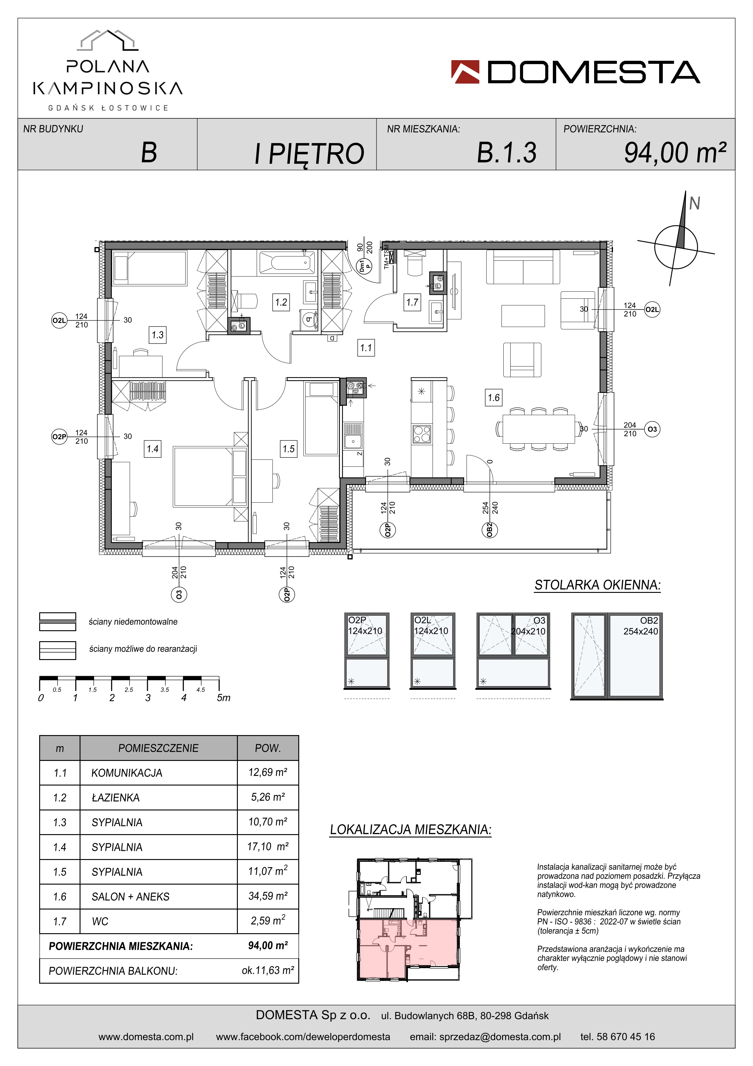 4 pokoje, mieszkanie 94,00 m², piętro 1, oferta nr B.1.3, Polana Kampinoska, Gdańsk, Ujeścisko-Łostowice, Łostowice, ul. Kampinoska