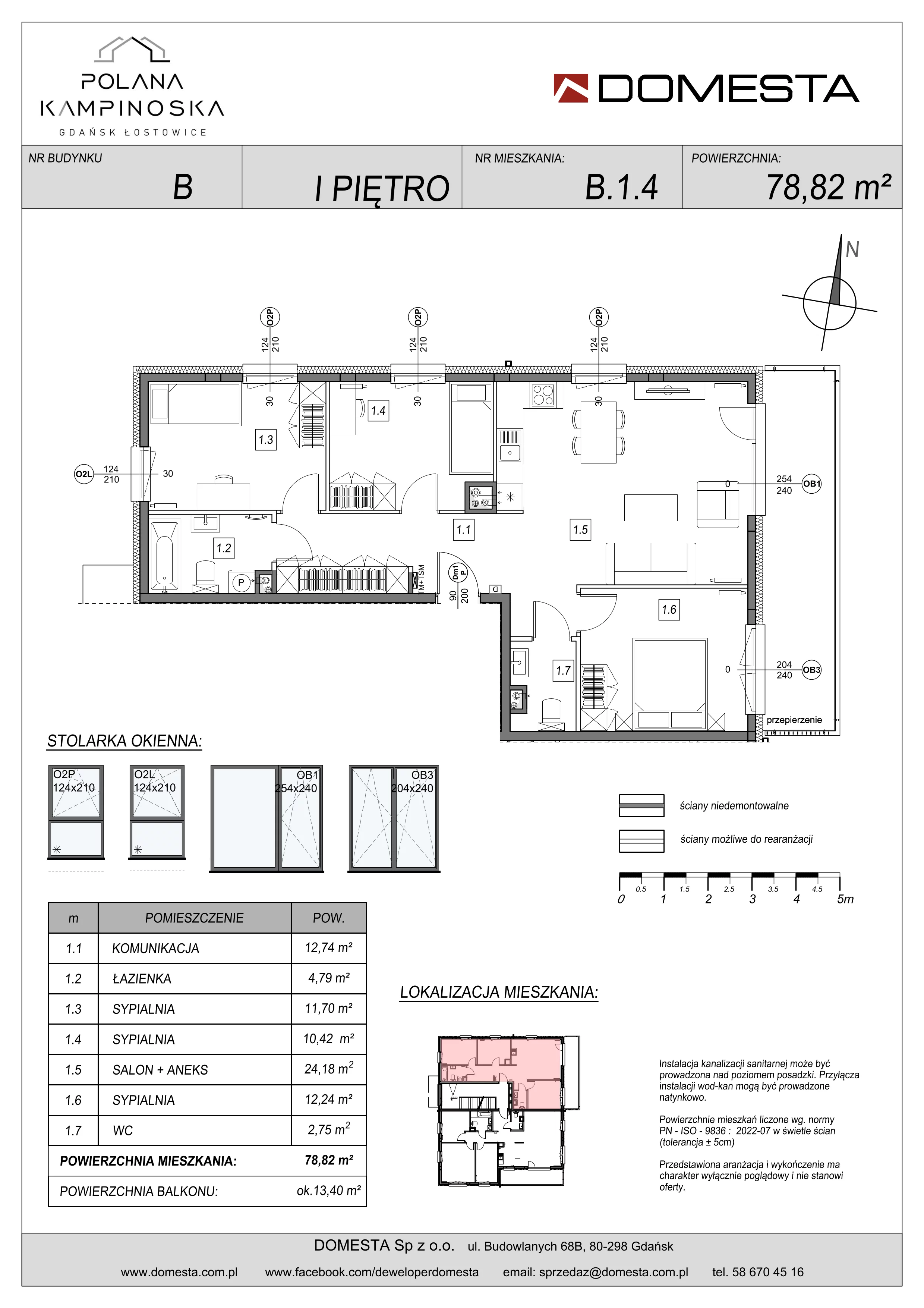 4 pokoje, mieszkanie 78,82 m², piętro 1, oferta nr B.1.4, Polana Kampinoska, Gdańsk, Ujeścisko-Łostowice, Łostowice, ul. Kampinoska