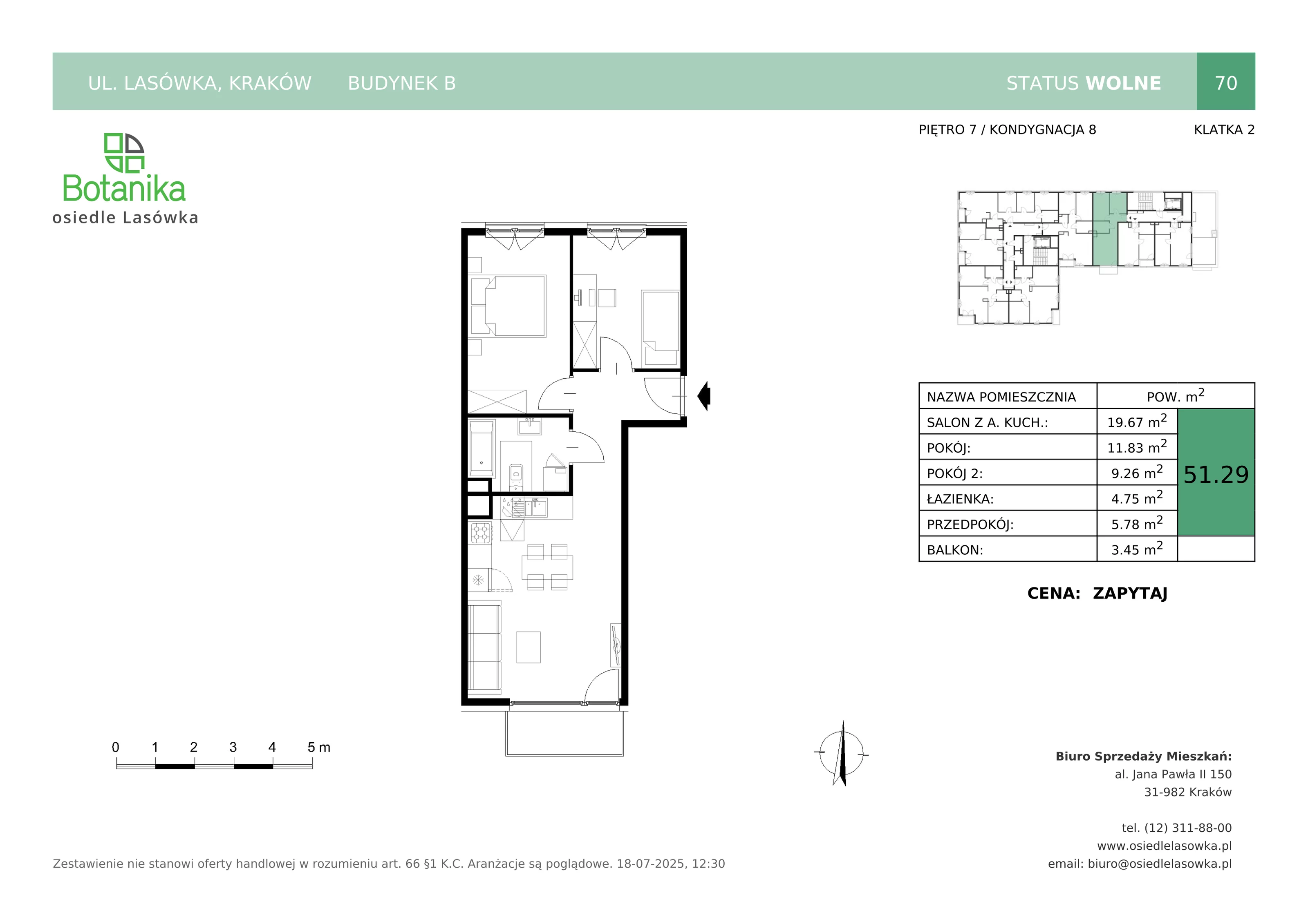 3 pokoje, mieszkanie 50,98 m², piętro 7, oferta nr B-70, Osiedle Lasówka, Kraków, Podgórze, Płaszów, ul. Lasówka 30D