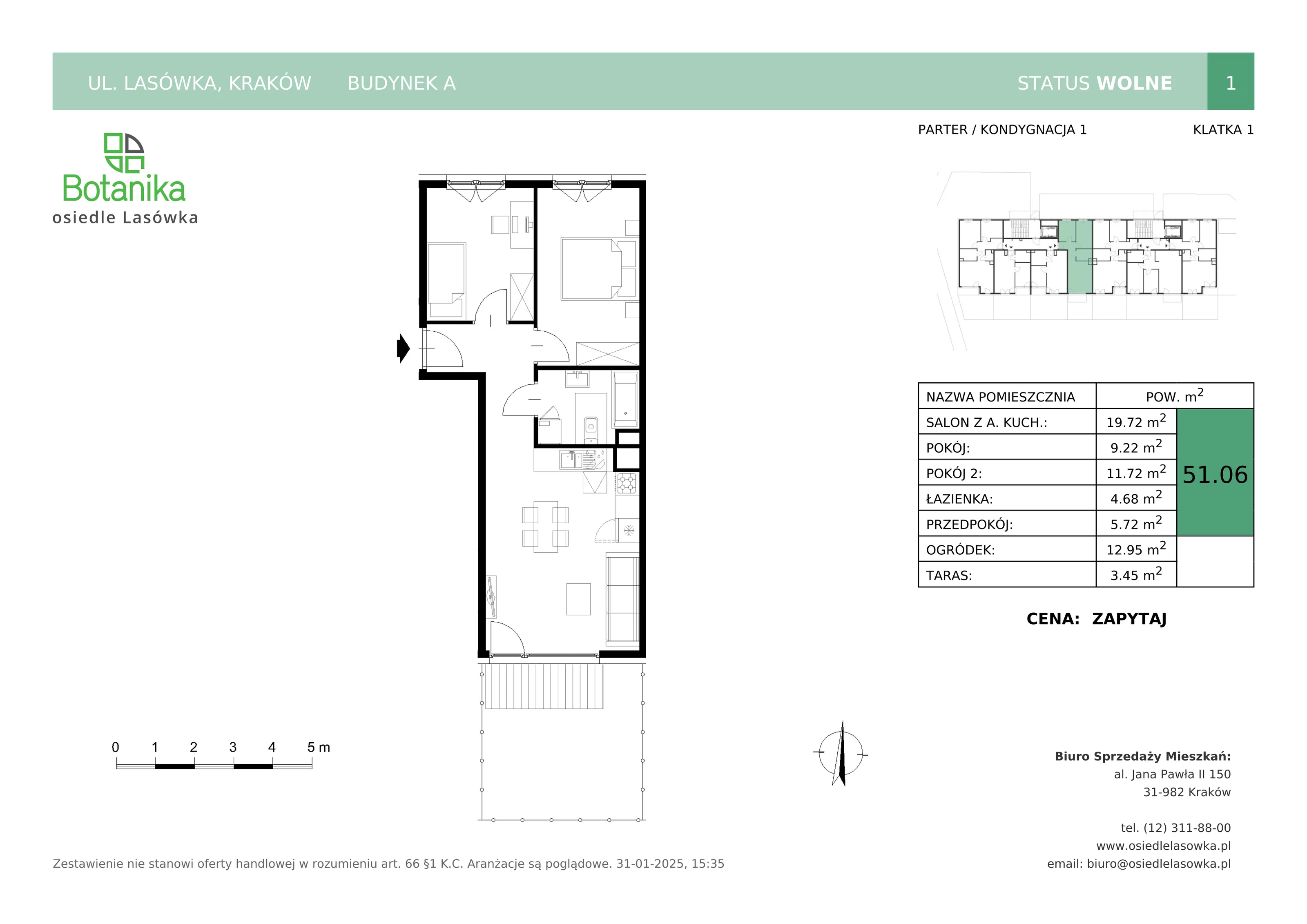 3 pokoje, mieszkanie 51,06 m², parter, oferta nr A-1, Osiedle Lasówka, Kraków, Podgórze, Płaszów, ul. Lasówka 30D