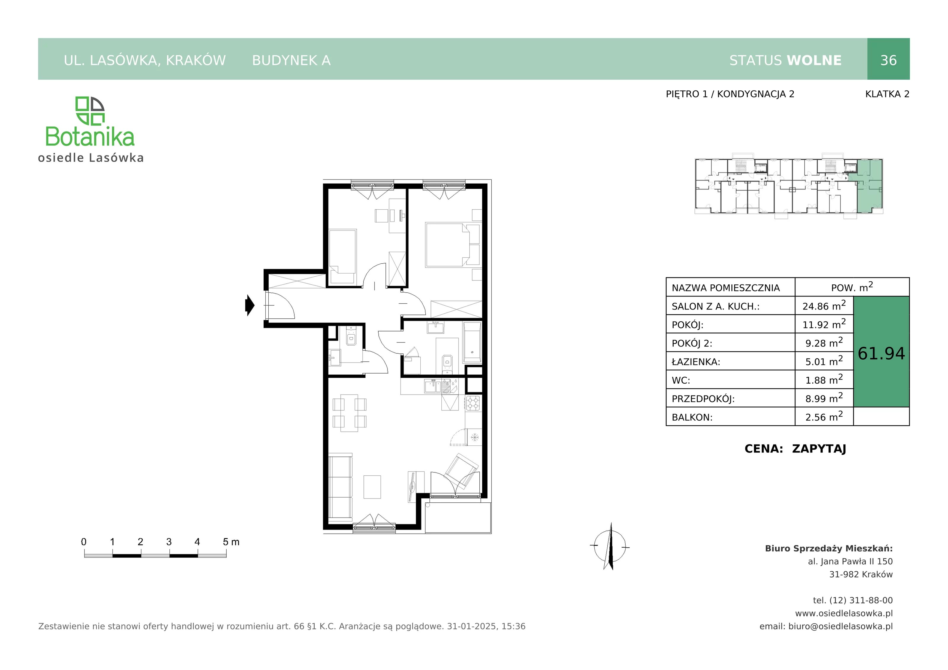 3 pokoje, mieszkanie 61,94 m², piętro 1, oferta nr A-36, Osiedle Lasówka, Kraków, Podgórze, Płaszów, ul. Lasówka 30D