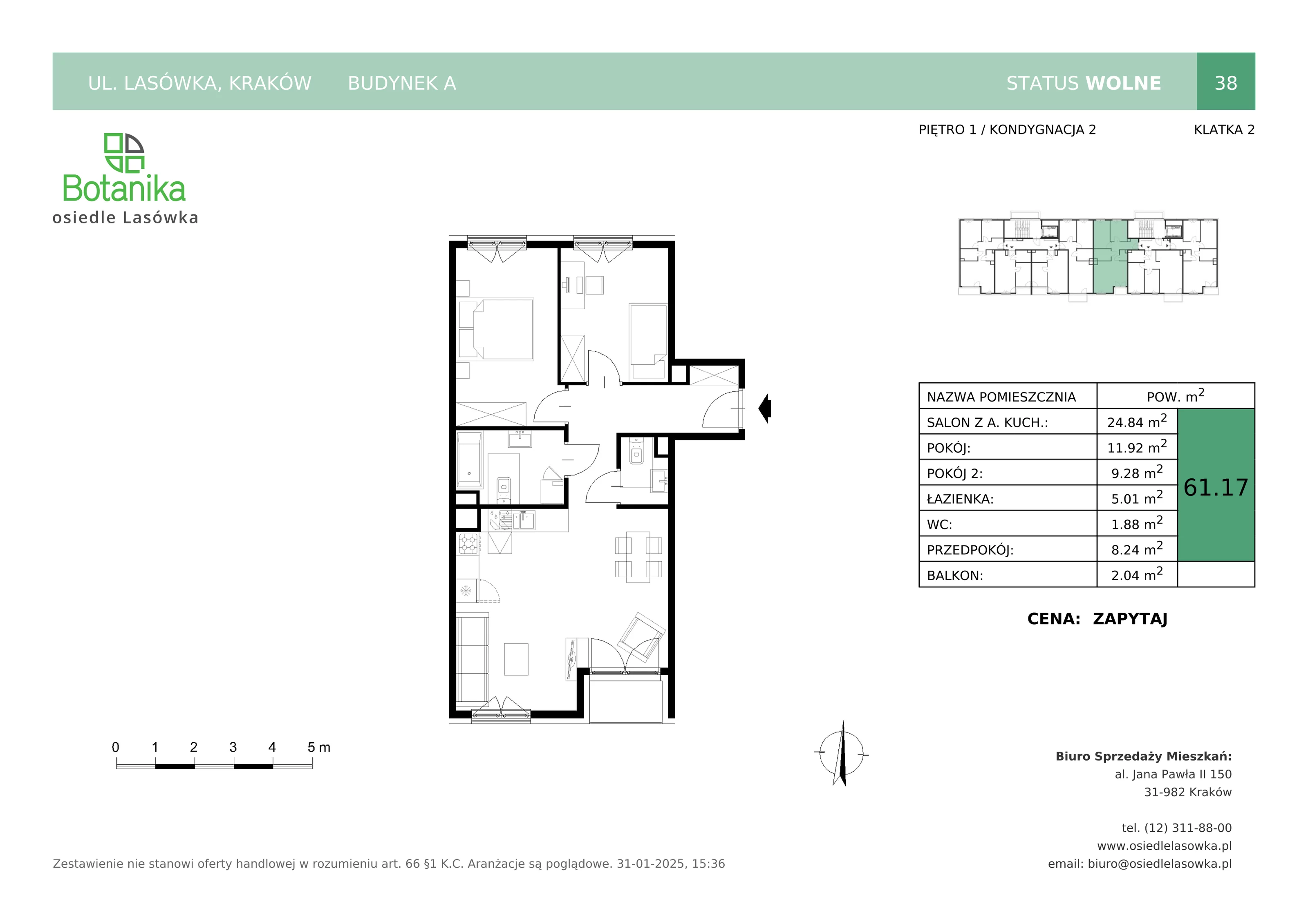 3 pokoje, mieszkanie 61,17 m², piętro 1, oferta nr A-38, Osiedle Lasówka, Kraków, Podgórze, Płaszów, ul. Lasówka 30D