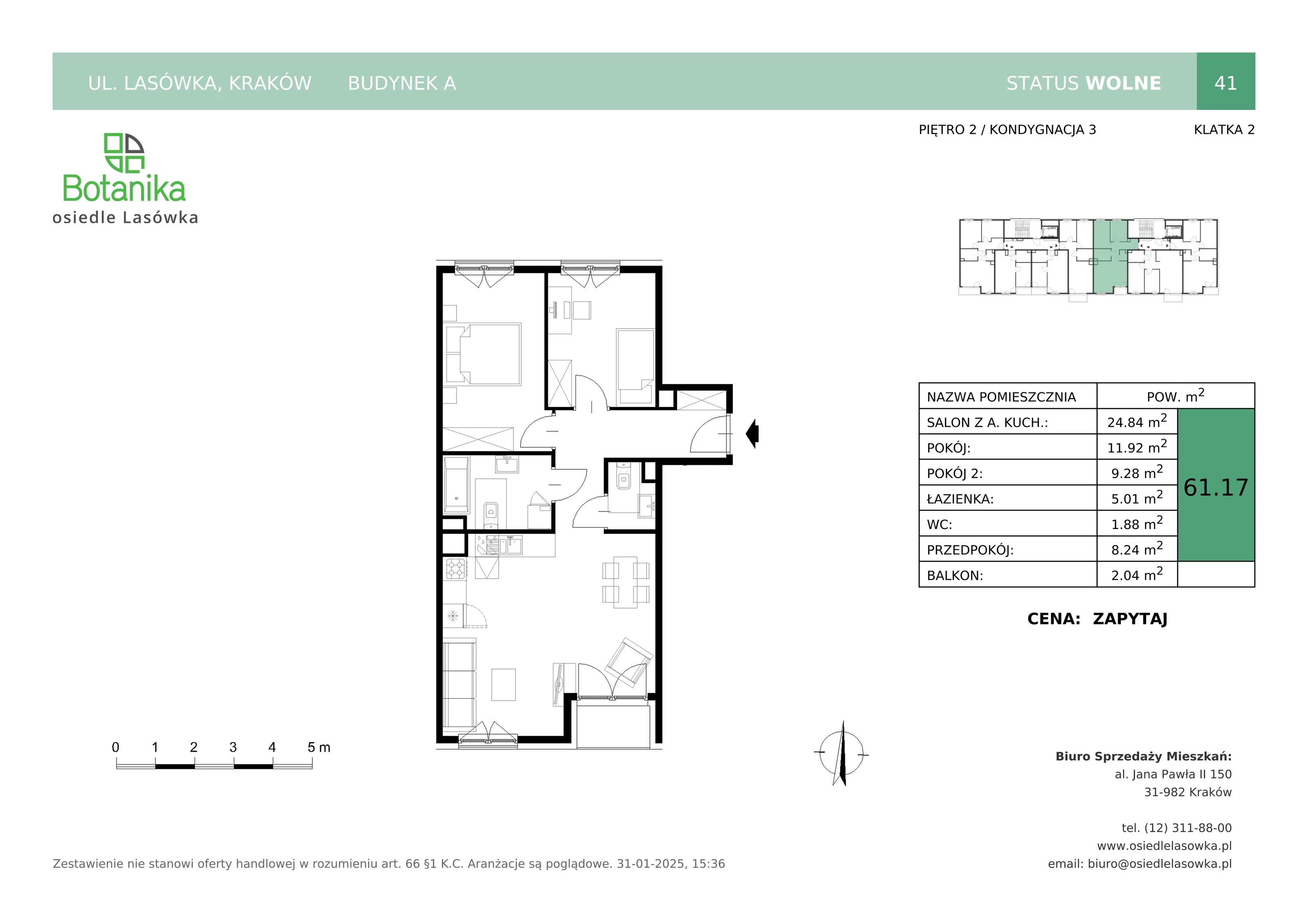 3 pokoje, mieszkanie 61,17 m², piętro 2, oferta nr A-41, Osiedle Lasówka, Kraków, Podgórze, Płaszów, ul. Lasówka 30D