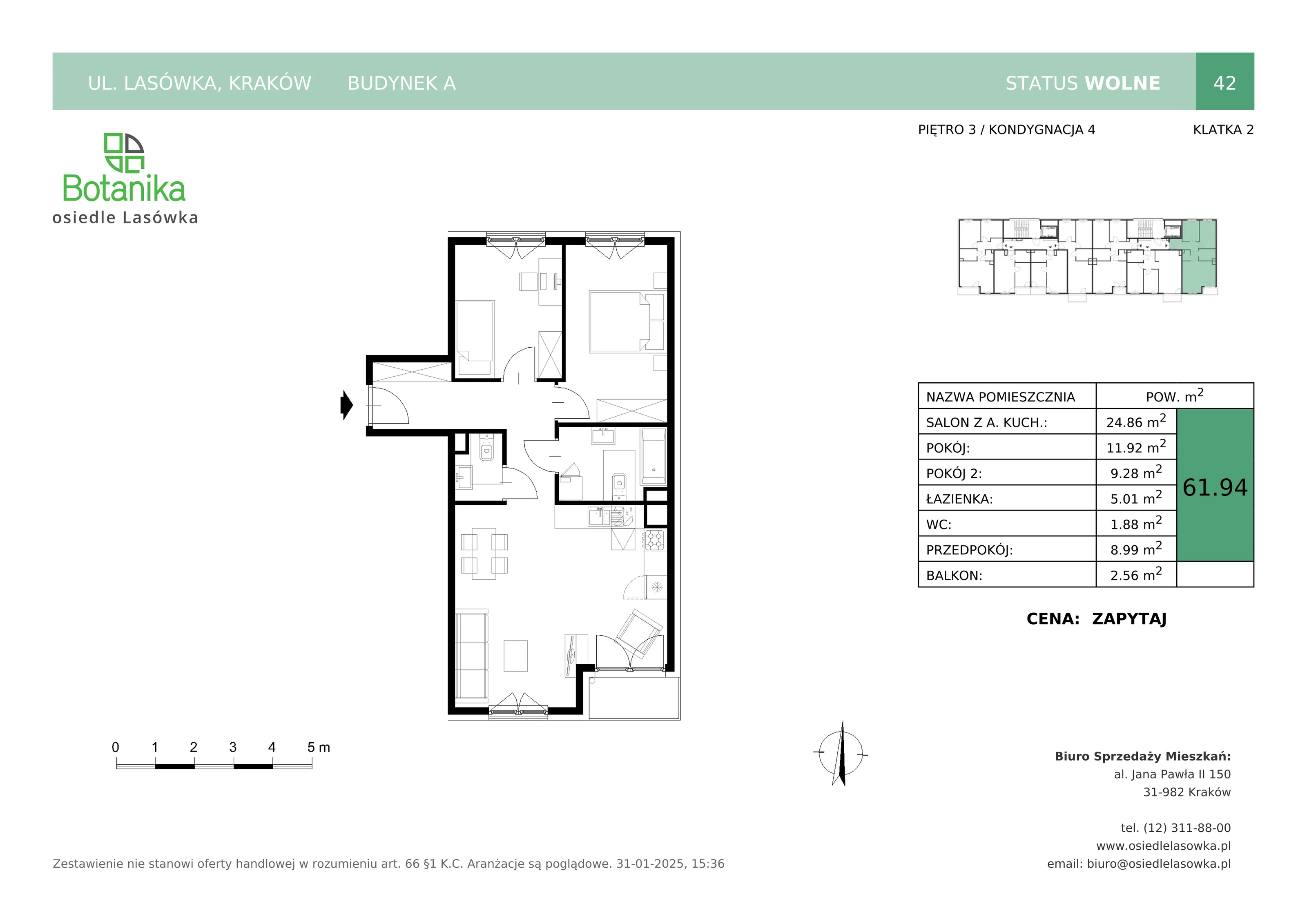 3 pokoje, mieszkanie 61,94 m², piętro 3, oferta nr A-42, Osiedle Lasówka, Kraków, Podgórze, Płaszów, ul. Lasówka 30D