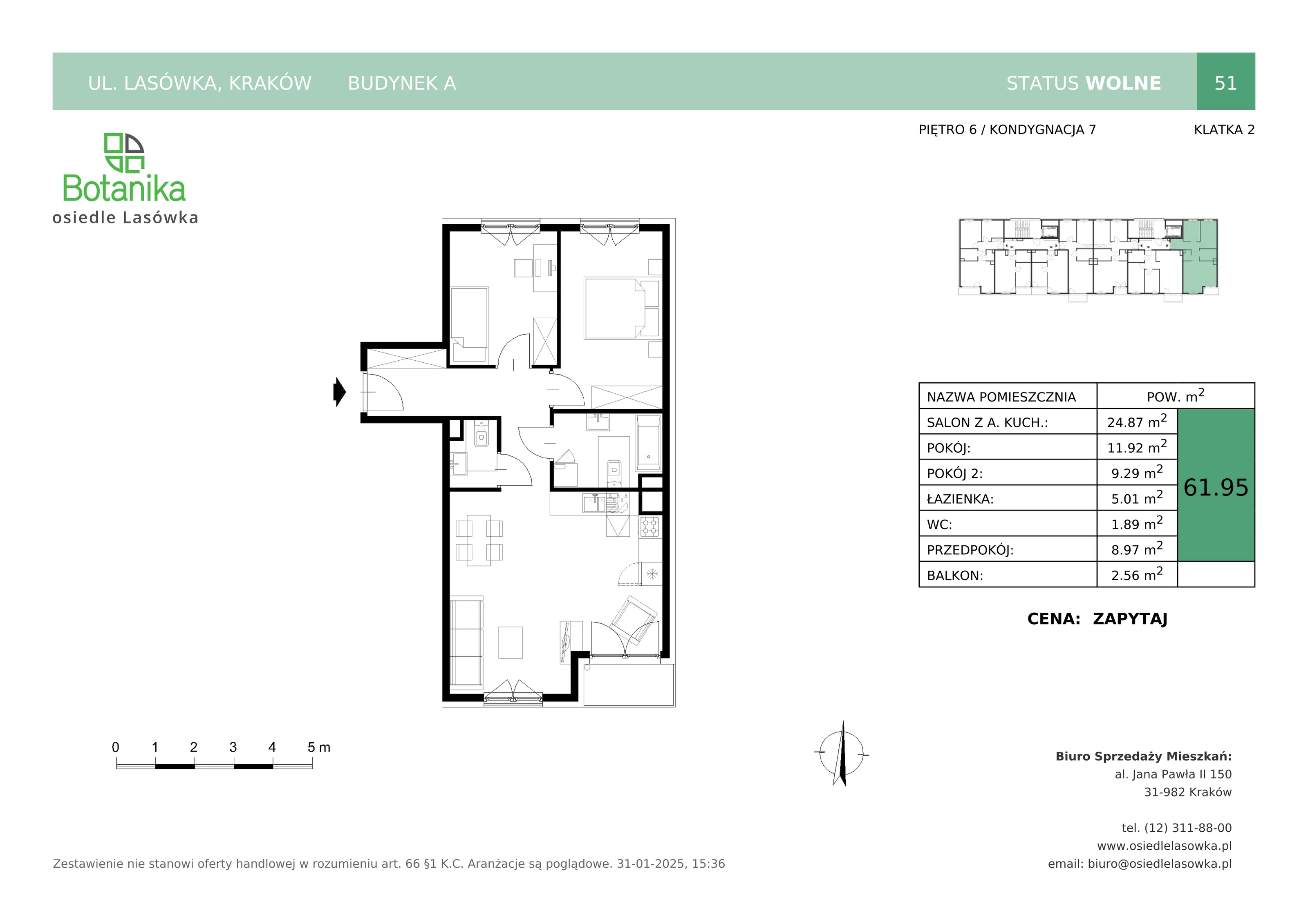 3 pokoje, mieszkanie 61,95 m², piętro 6, oferta nr A-51, Osiedle Lasówka, Kraków, Podgórze, Płaszów, ul. Lasówka 30D