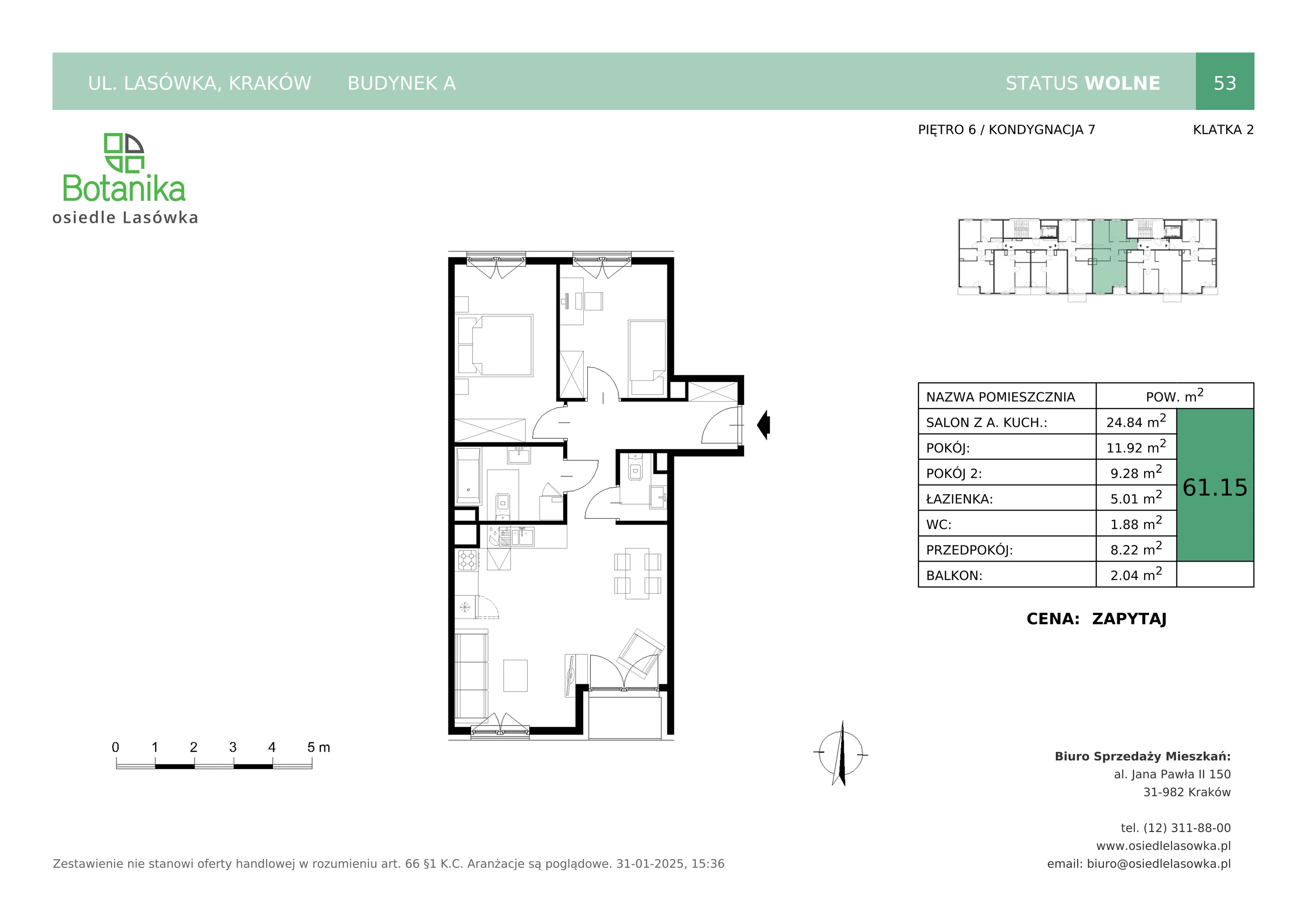 3 pokoje, mieszkanie 61,15 m², piętro 6, oferta nr A-53, Osiedle Lasówka, Kraków, Podgórze, Płaszów, ul. Lasówka 30D