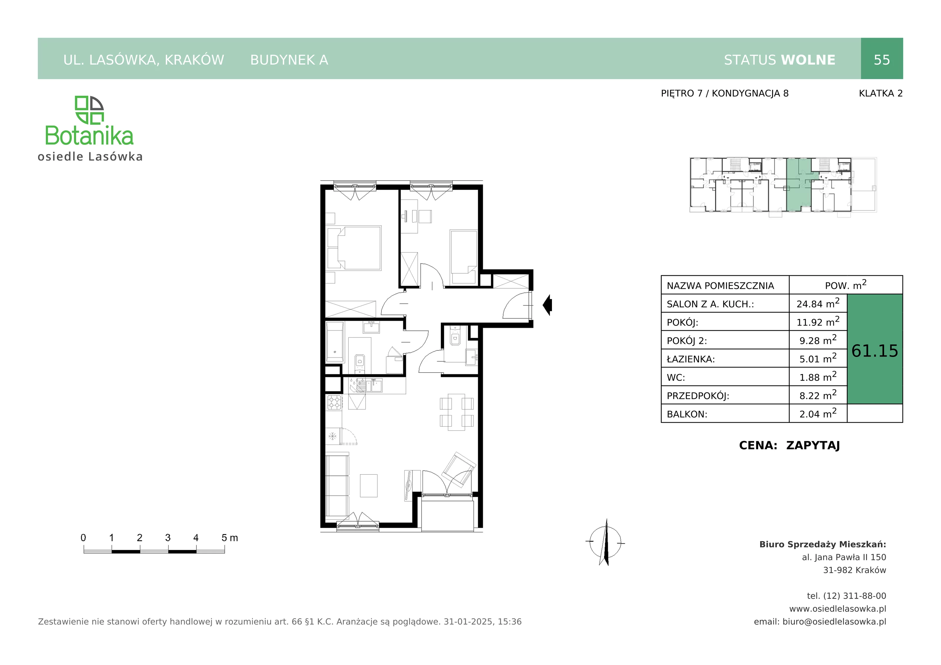 3 pokoje, mieszkanie 61,15 m², piętro 7, oferta nr A-55, Osiedle Lasówka, Kraków, Podgórze, Płaszów, ul. Lasówka 30D