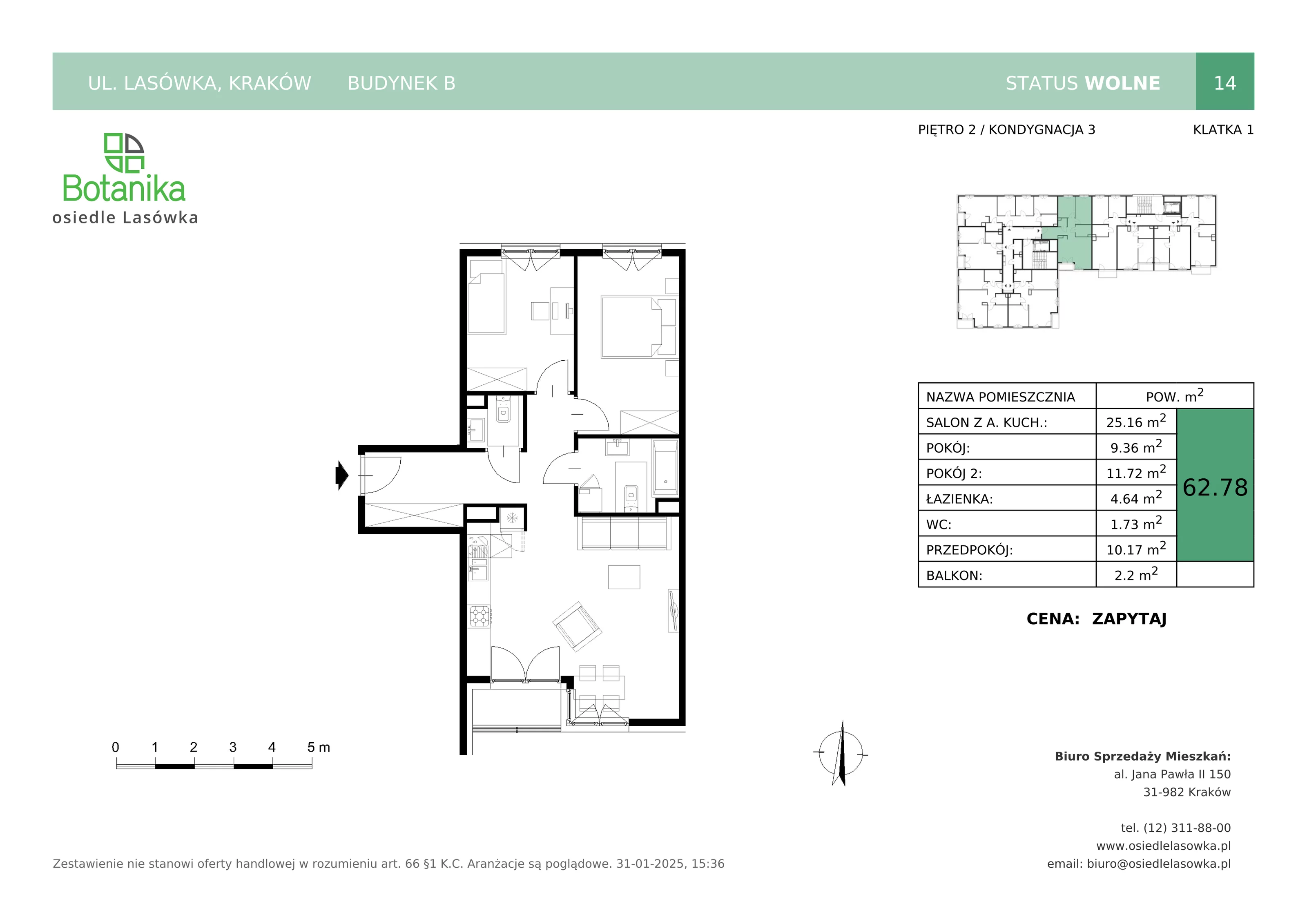 3 pokoje, mieszkanie 62,78 m², piętro 2, oferta nr B-14, Osiedle Lasówka, Kraków, Podgórze, Płaszów, ul. Lasówka 30D