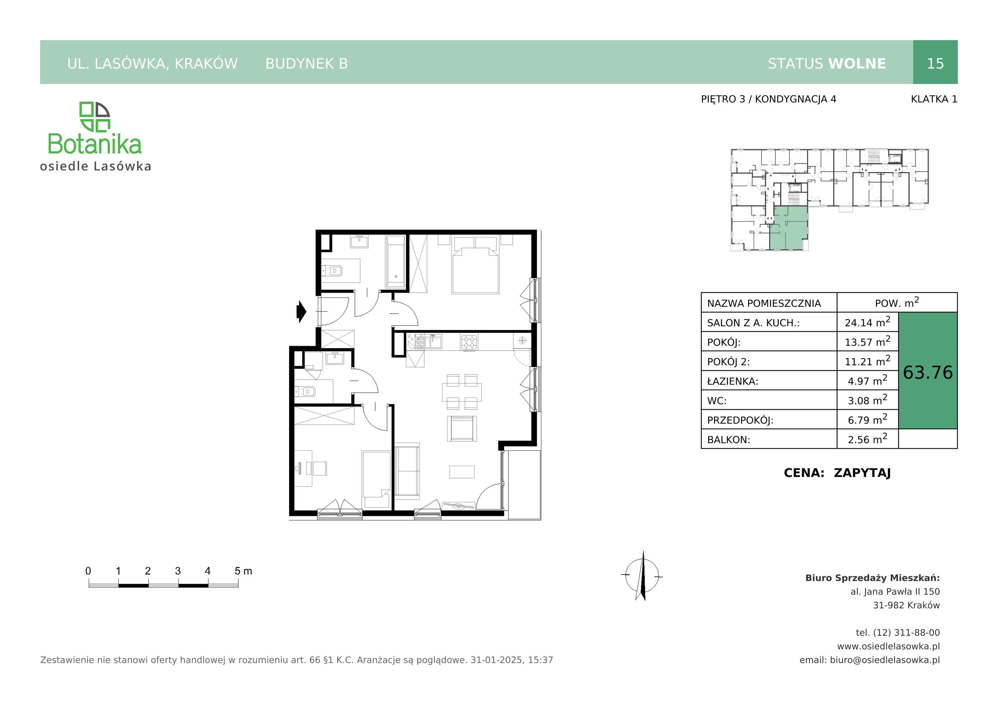 3 pokoje, mieszkanie 63,76 m², piętro 3, oferta nr B-15, Osiedle Lasówka, Kraków, Podgórze, Płaszów, ul. Lasówka 30D