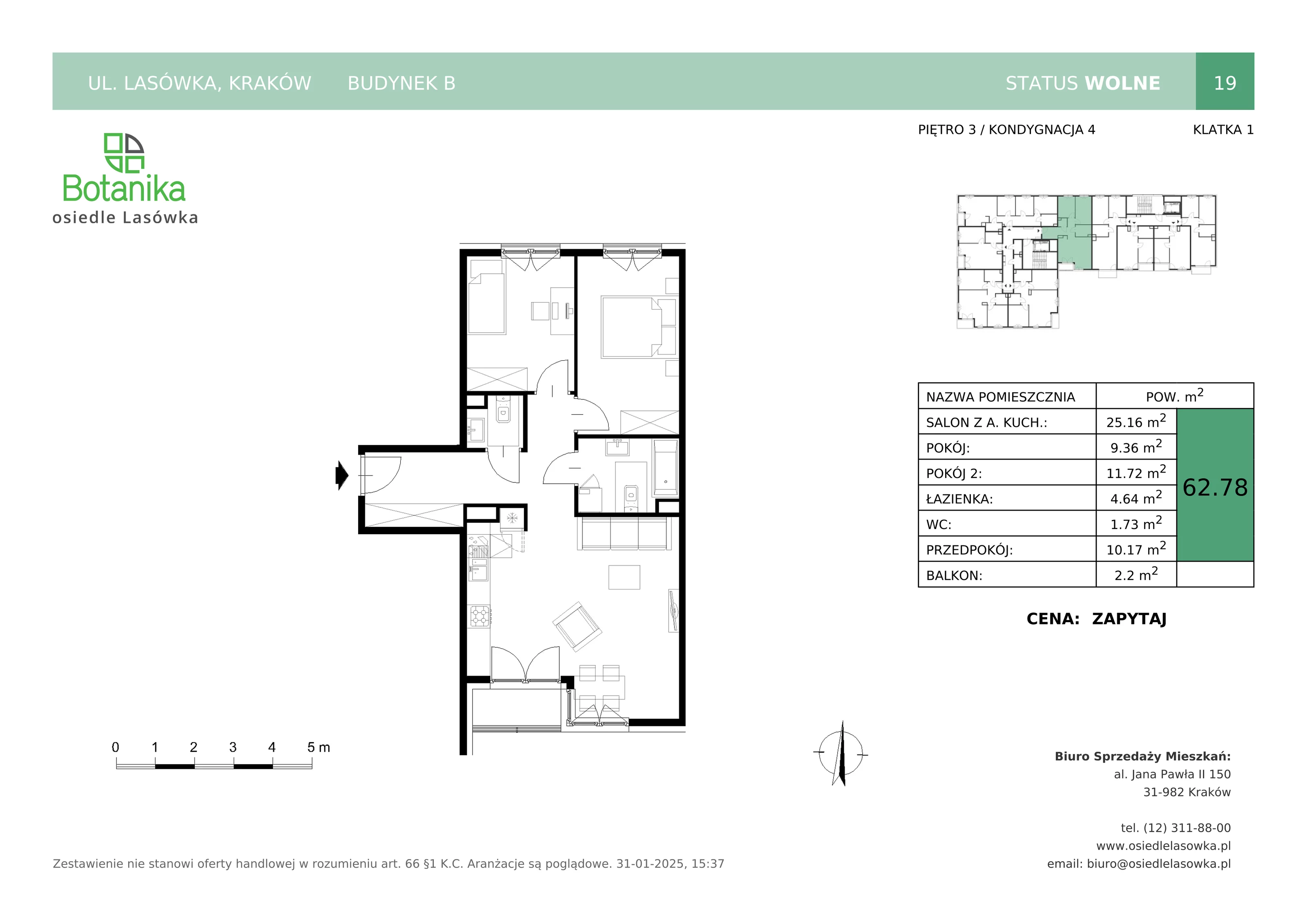 3 pokoje, mieszkanie 62,78 m², piętro 3, oferta nr B-19, Osiedle Lasówka, Kraków, Podgórze, Płaszów, ul. Lasówka 30D