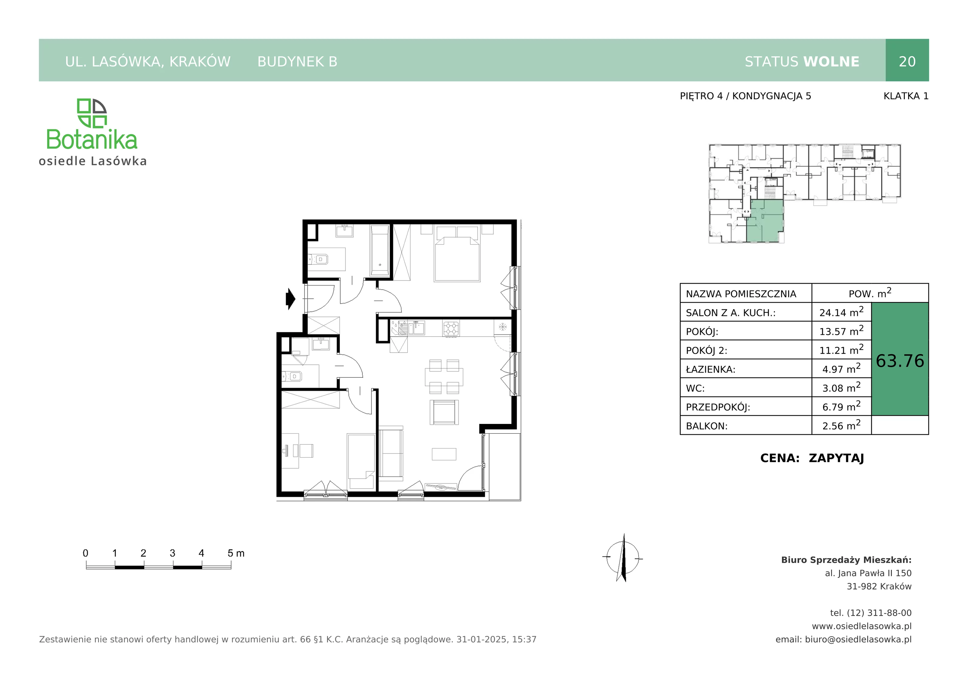 3 pokoje, mieszkanie 63,76 m², piętro 4, oferta nr B-20, Osiedle Lasówka, Kraków, Podgórze, Płaszów, ul. Lasówka 30D