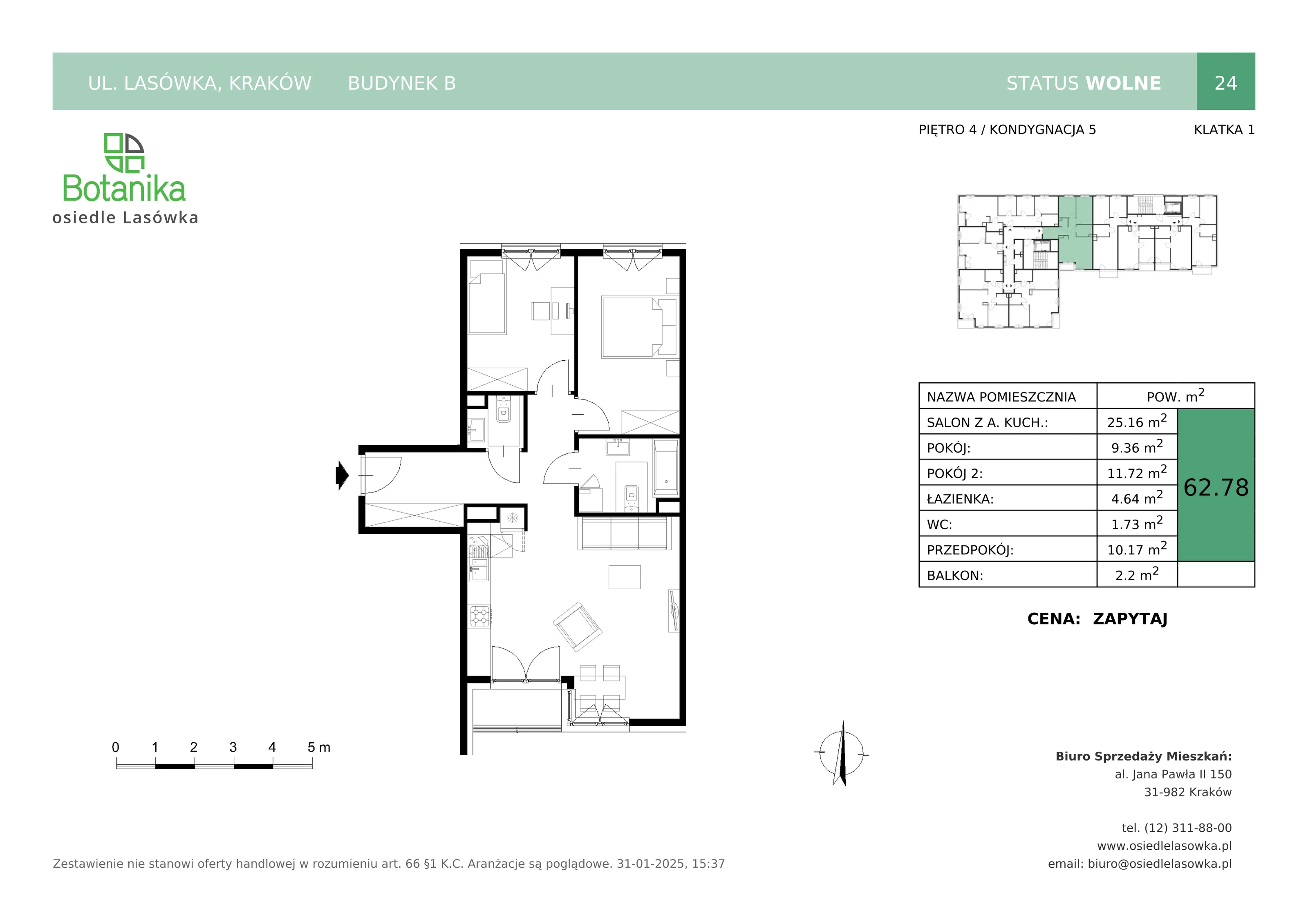 3 pokoje, mieszkanie 62,78 m², piętro 4, oferta nr B-24, Osiedle Lasówka, Kraków, Podgórze, Płaszów, ul. Lasówka 30D