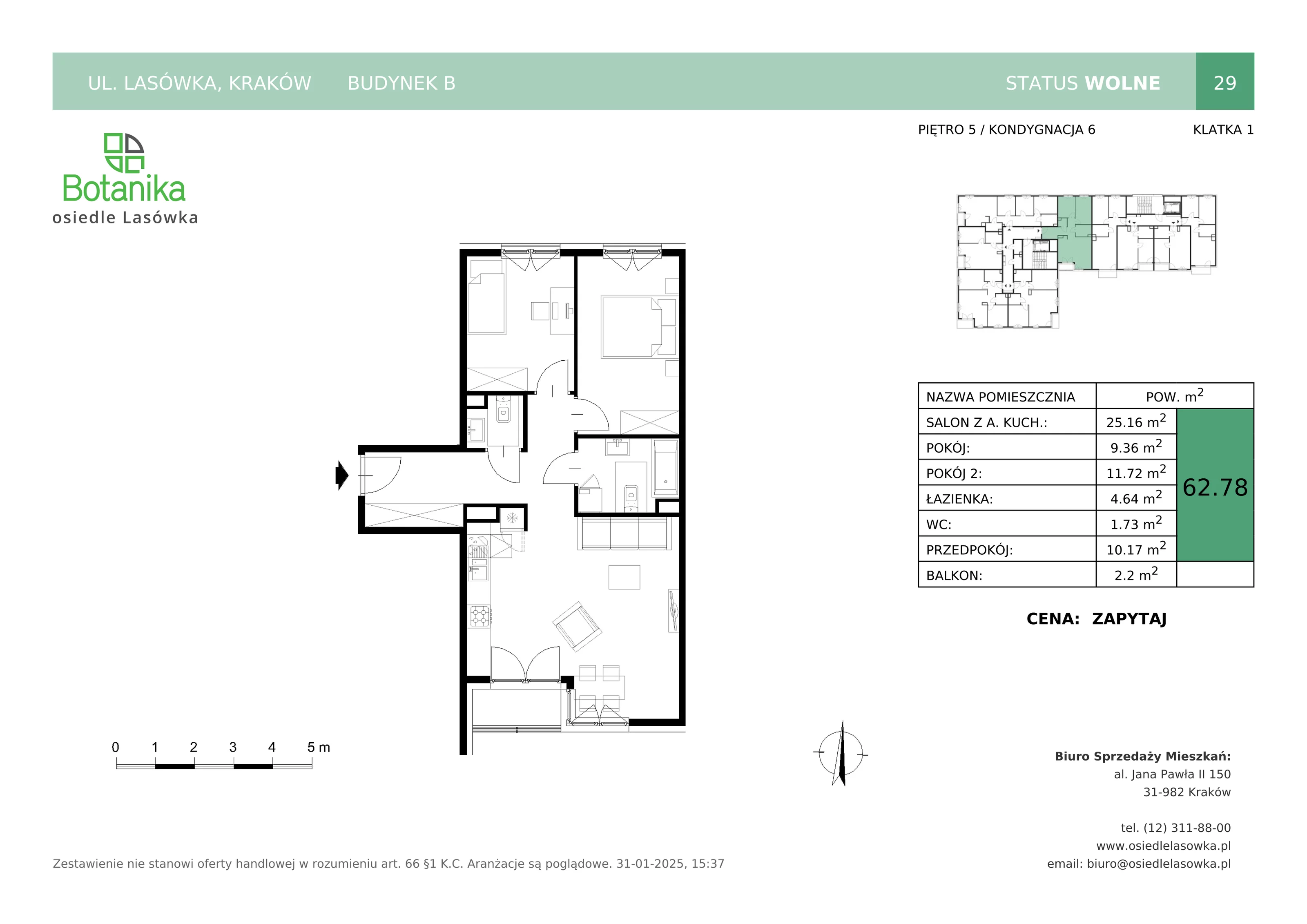 3 pokoje, mieszkanie 62,78 m², piętro 5, oferta nr B-29, Osiedle Lasówka, Kraków, Podgórze, Płaszów, ul. Lasówka 30D