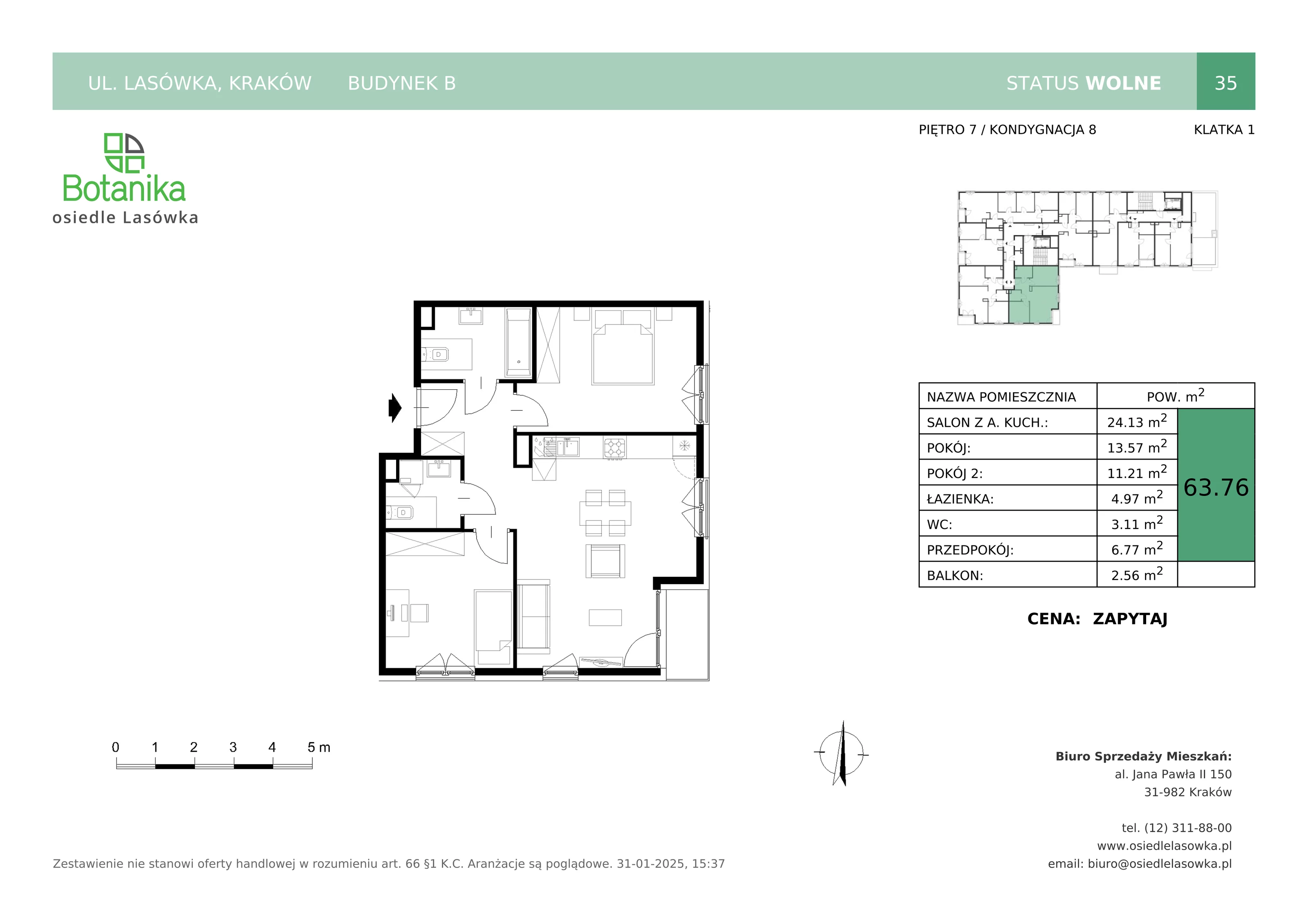 3 pokoje, mieszkanie 63,76 m², piętro 7, oferta nr B-35, Osiedle Lasówka, Kraków, Podgórze, Płaszów, ul. Lasówka 30D