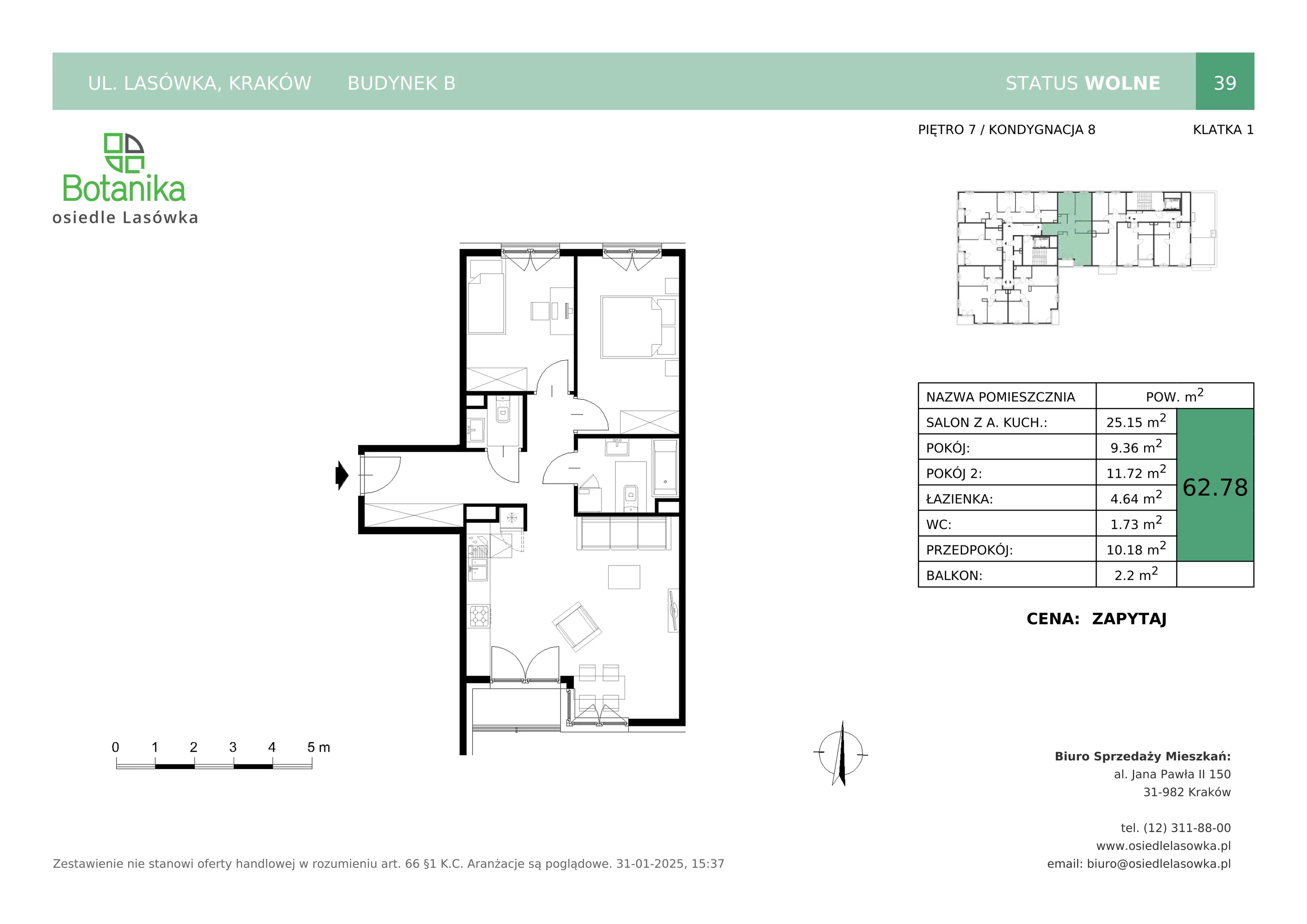 3 pokoje, mieszkanie 62,78 m², piętro 7, oferta nr B-39, Osiedle Lasówka, Kraków, Podgórze, Płaszów, ul. Lasówka 30D