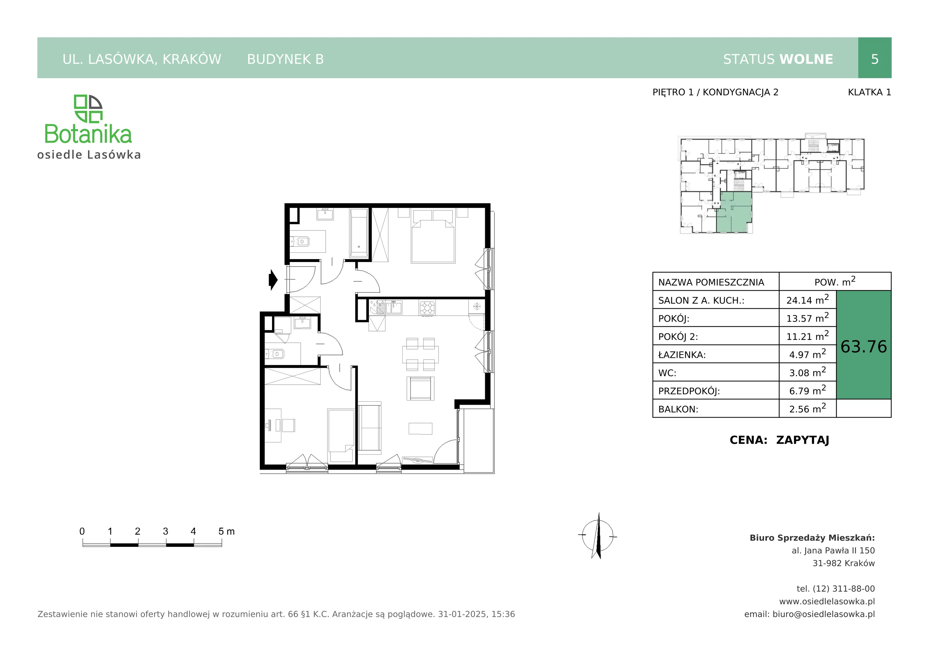 3 pokoje, mieszkanie 63,76 m², piętro 1, oferta nr B-5, Osiedle Lasówka, Kraków, Podgórze, Płaszów, ul. Lasówka 30D