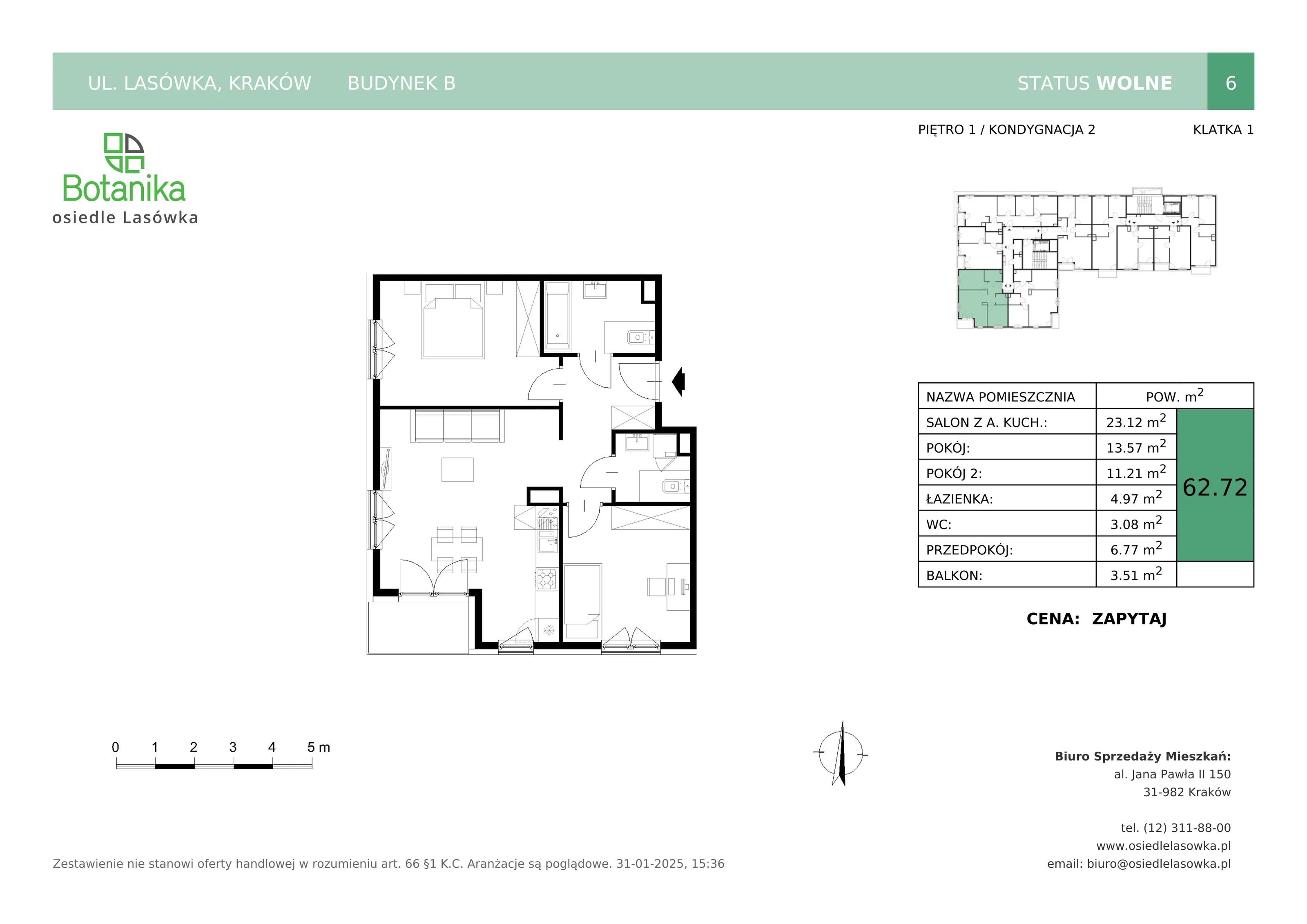 3 pokoje, mieszkanie 62,72 m², piętro 1, oferta nr B-6, Osiedle Lasówka, Kraków, Podgórze, Płaszów, ul. Lasówka 30D