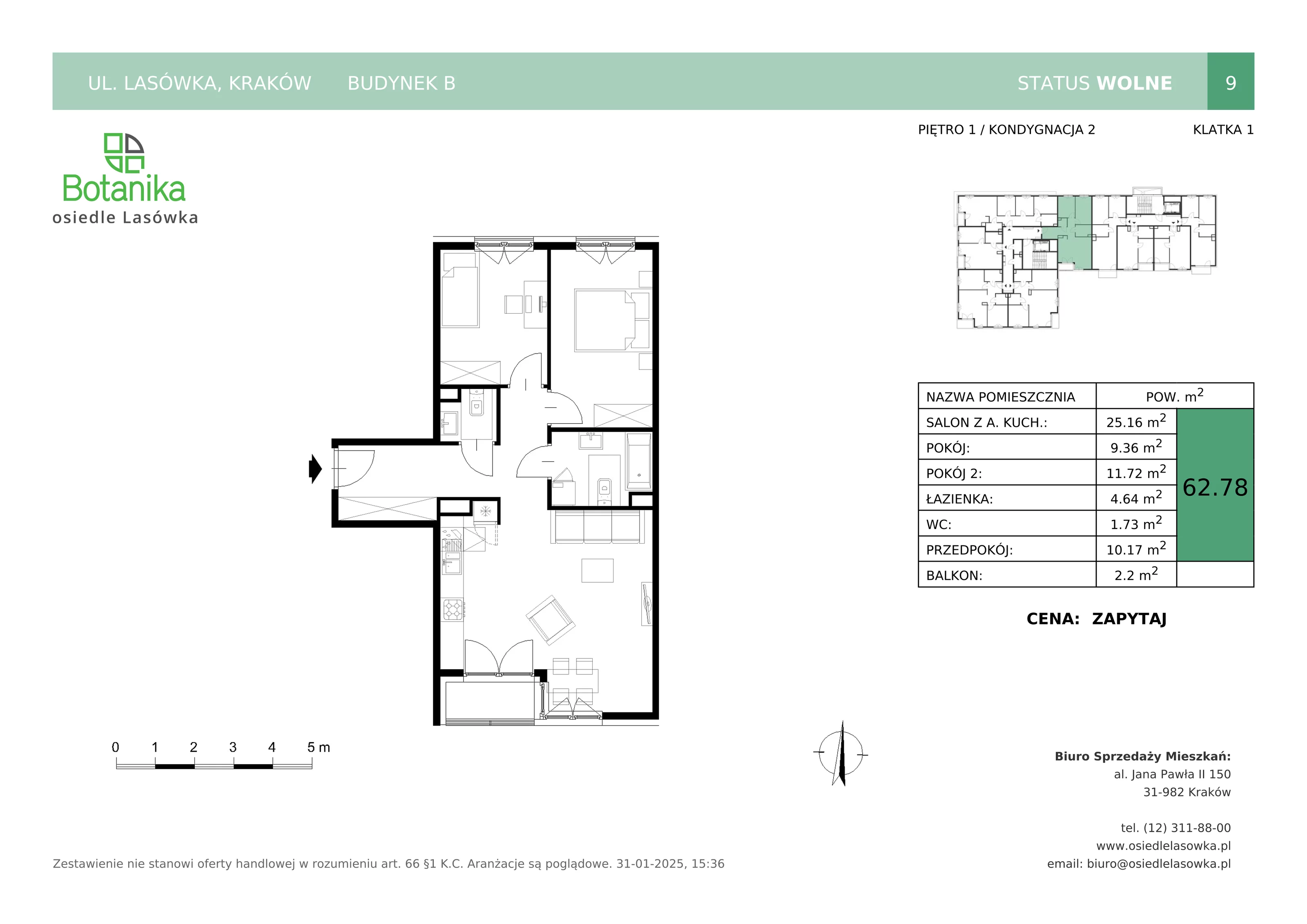 3 pokoje, mieszkanie 62,78 m², piętro 1, oferta nr B-9, Osiedle Lasówka, Kraków, Podgórze, Płaszów, ul. Lasówka 30D